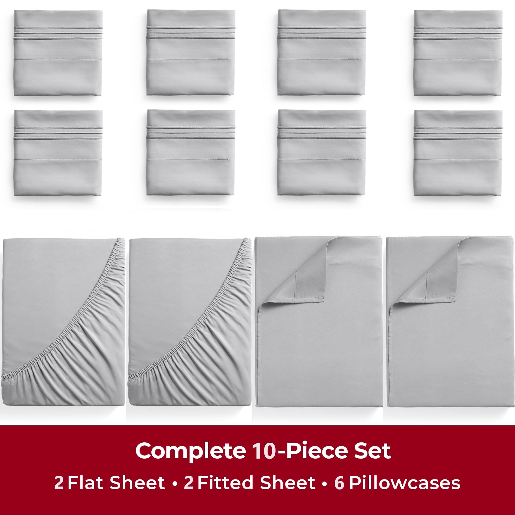 Mellanni 4PC Bed Sheet Set + 6PC Bed Sheet Set Bundle&Save - 10 PC Iconic Collection Bedding Sheets & Pillowcases - Bundle Includes: 2 Flat Sheets, 2 Fitted Sheet and 6 Pillowcases (Queen, Light Gray)