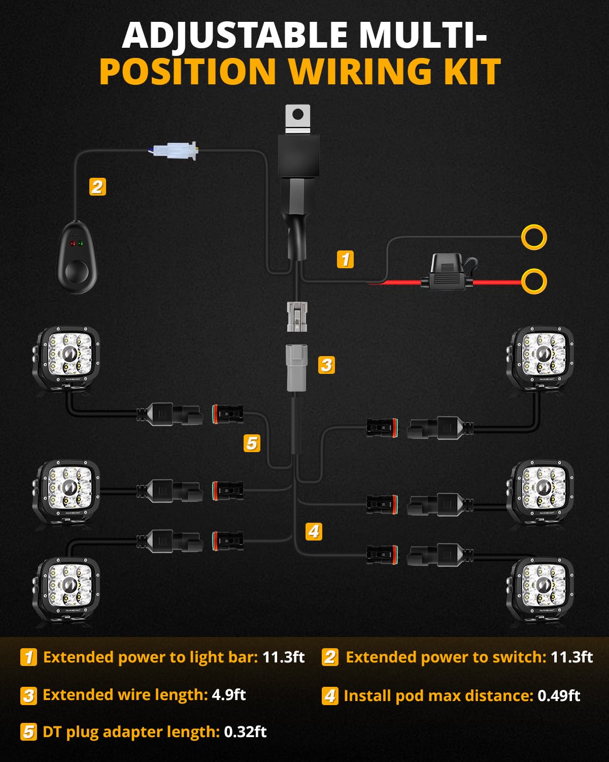 Auxbeam Led Pods Led Offroad Light Wiring Harness Kit 6 Leads, On Off Waterproof Switch Heavy Duty 12V Power Relay, Extension Wiring Harness 40A Blade Fuse 2PIN DT Plug