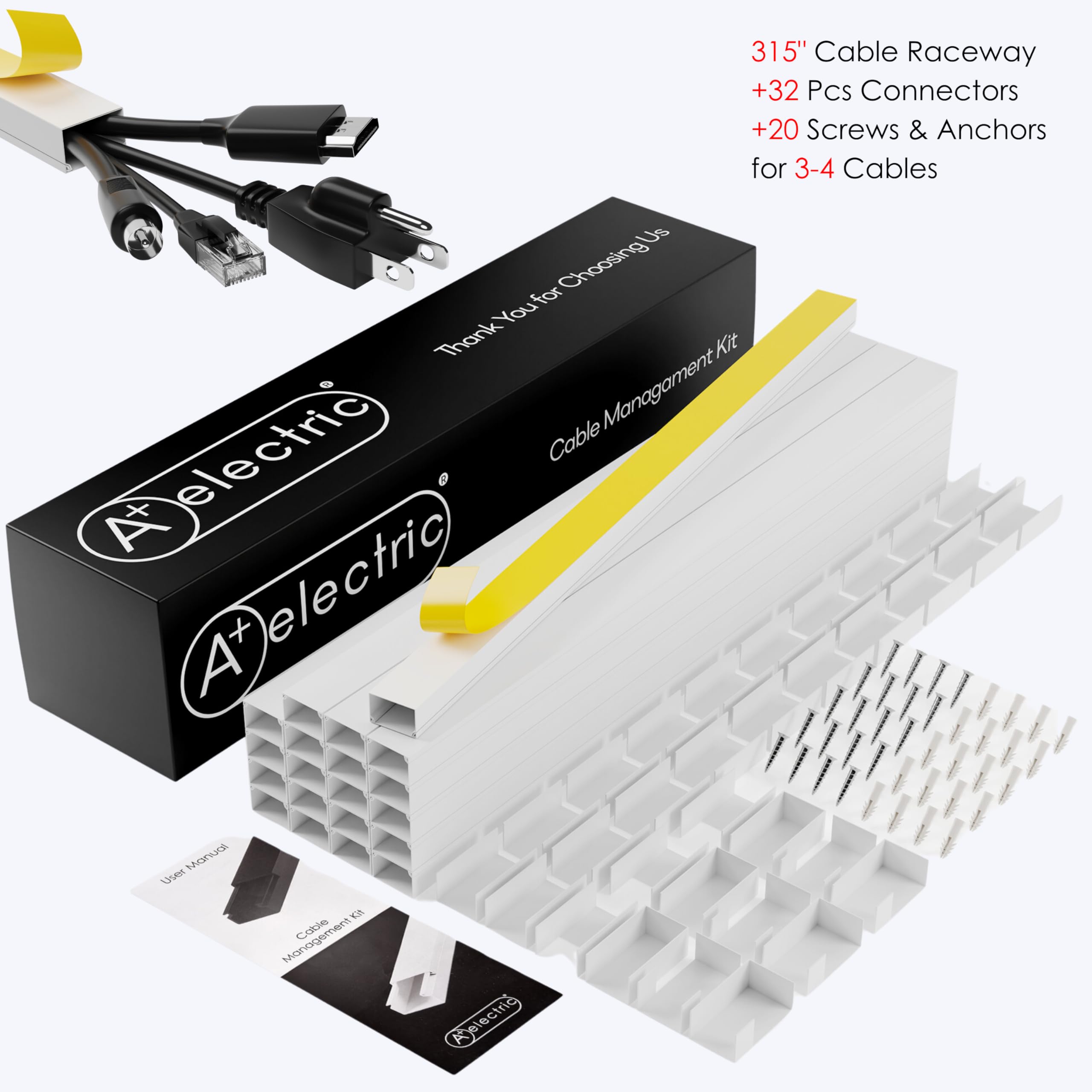 A+ ELECTRIC 315" Cable Hider, Wire Cover, Cables Raceway for Cord Hide, Long, Large, White and paintable Cords Cover Concealer Conduit Channel, TV, Ethernet Molding Electrical Wires Management Kit