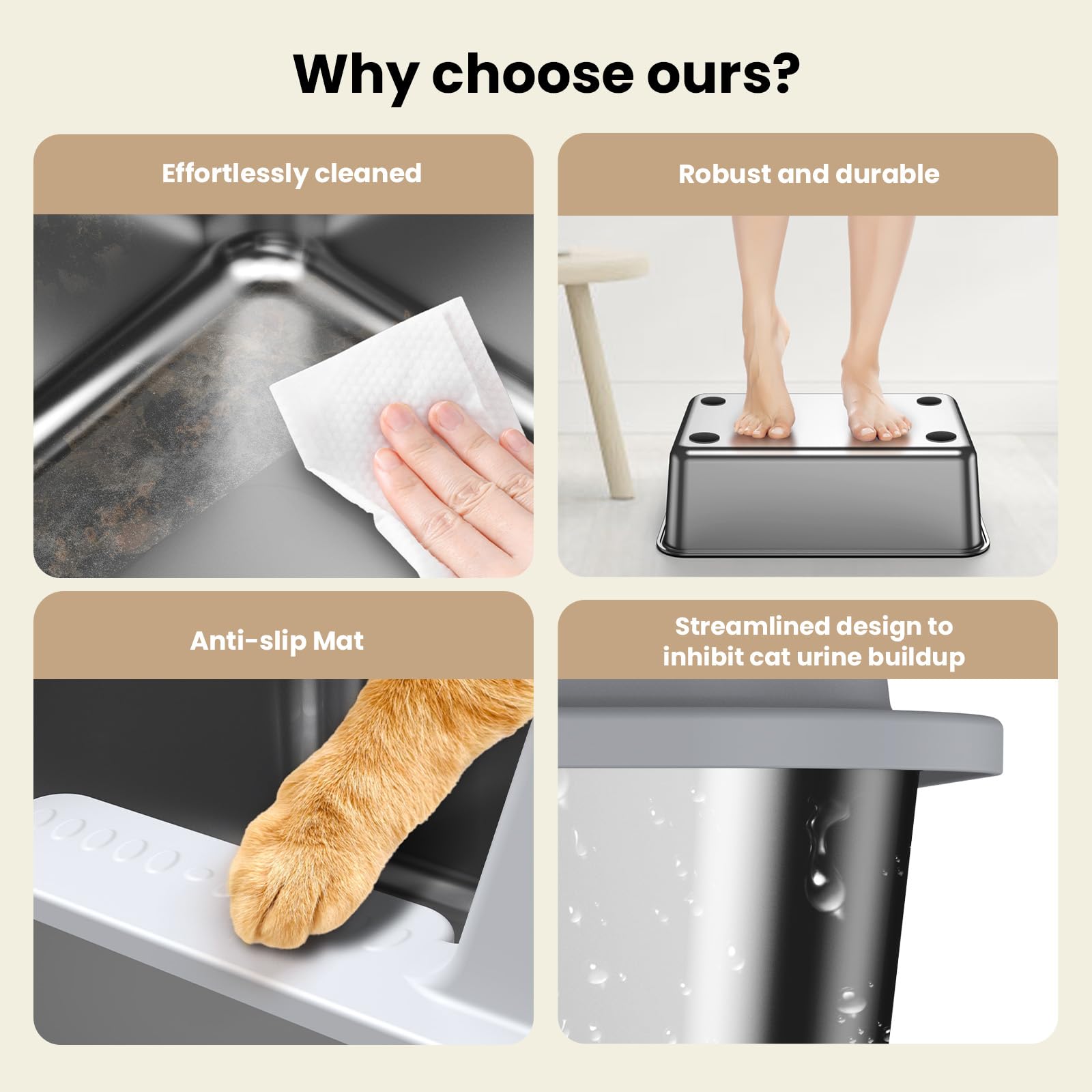 Stainless Steel Cat Litter Box with Lid, NAUGHTYTRIBE Covered Litter Box for Cats Metal Litter Pan Tray with High Wall Sides Enclosure, Anti-Leakage, Include Litter Scoop, Size:19.5"x13.6"x9.5"