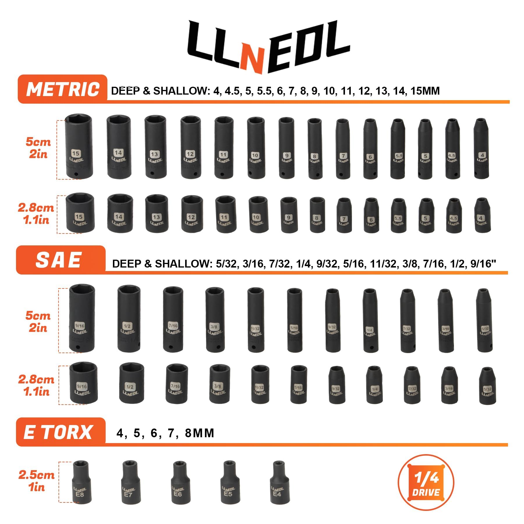 LLNEDL 1/4 Inch Drive Impact Socket Set, 83Pcs Socket Wrench Set Metric & SAE from 4-15mm, 5/32-9/16", 6 Point CR-V Deep & Shallow Sockets Kit with 72T Ratchet Handle, E Torx, for Automotive & Home