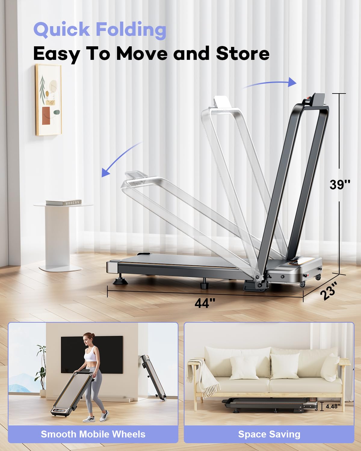 Foldable Treadmill with 10% Incline, 3.5HP Low Noise Walking Pad Treadmill with Handle Bar, Trisomy 4 in 1 Portable Under Desk Treadmills for Home/Office, 330 Lbs Capacity, APP & Remote Control