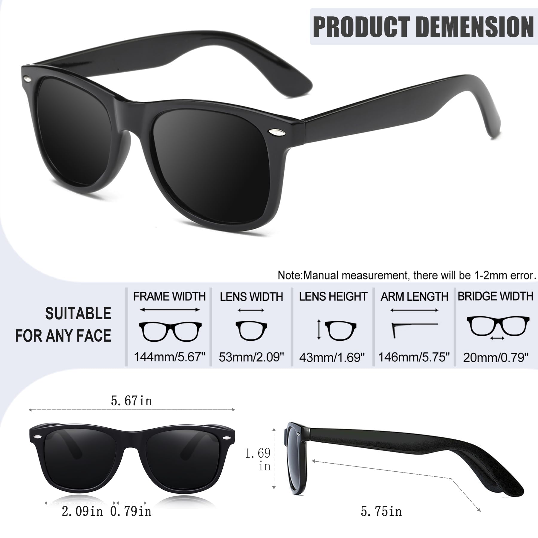 Joopin Polarized Sunglasses UV400 Trendy Square Shades for Men Women Retro Sun Glasses Sunnies (Black Simple packaging)