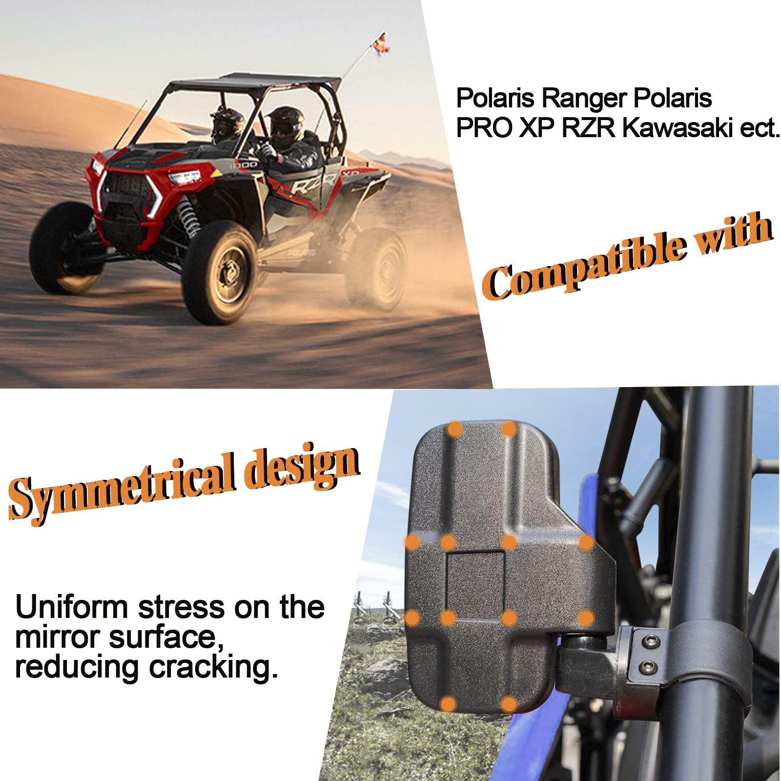 UTV Side Rear View Mirror With 1.75" to 2" Roll Bar Cage Compatible with Polaris RZR Honda Pioneer Yamaha Rhino Kawasaki Teryx, With Center View Mirror