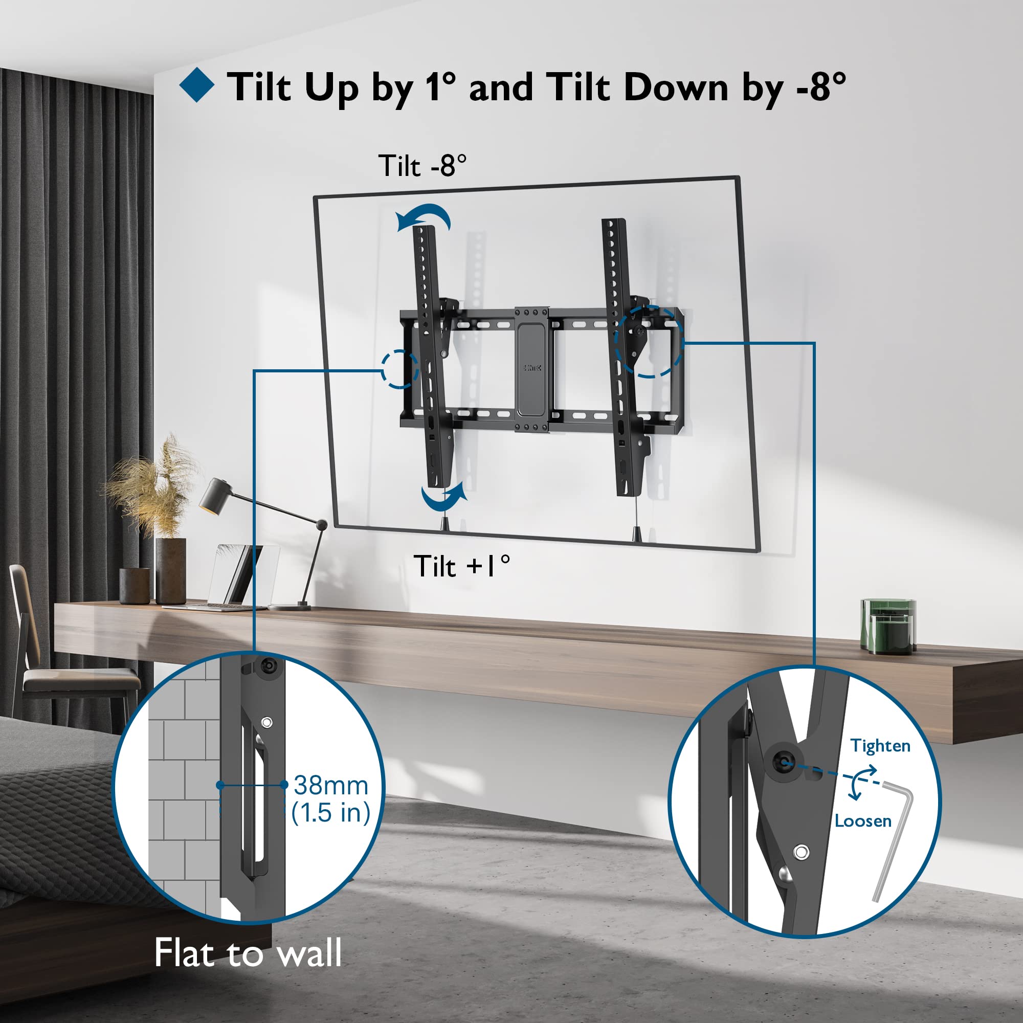 BONTEC Tilt TV Wall Mount for Most 37-85 Inch LED LCD OLED Flat Curved Screen TVs Fits 16" 18" 24" Wood Stud, Low Profile TV Wall Bracket with Max. VESA 600x400mm, Hold Up to 132LBS