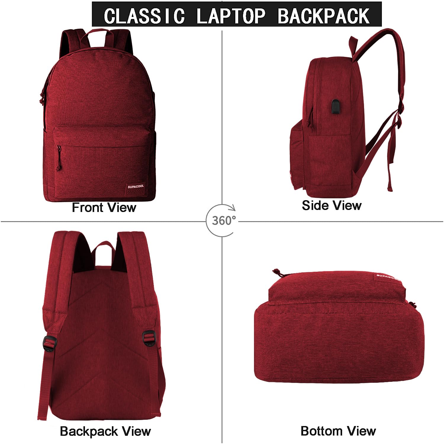 SUPACOOL Lightweight Casual Laptop Backpack & Pencil Pouch, School Backpack with USB Charging Port for Men and Women, Bookbag for Boys and Girld, Work Backpack(Garnet set)