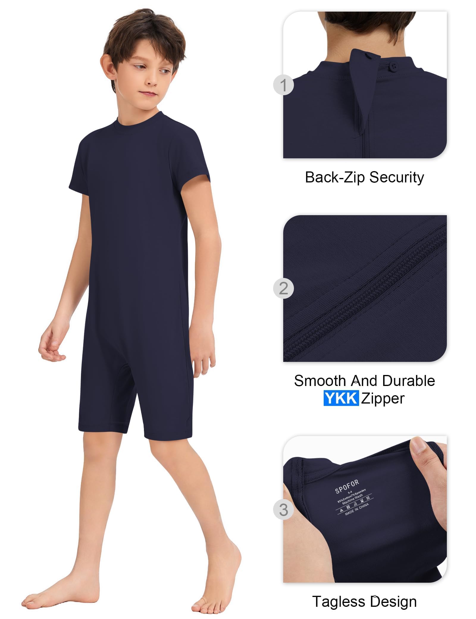 SPOFOR Kids Adaptive Sensory Jumpsuit for Autism SPD Anti-Strip Romper with Back YKK Zipper