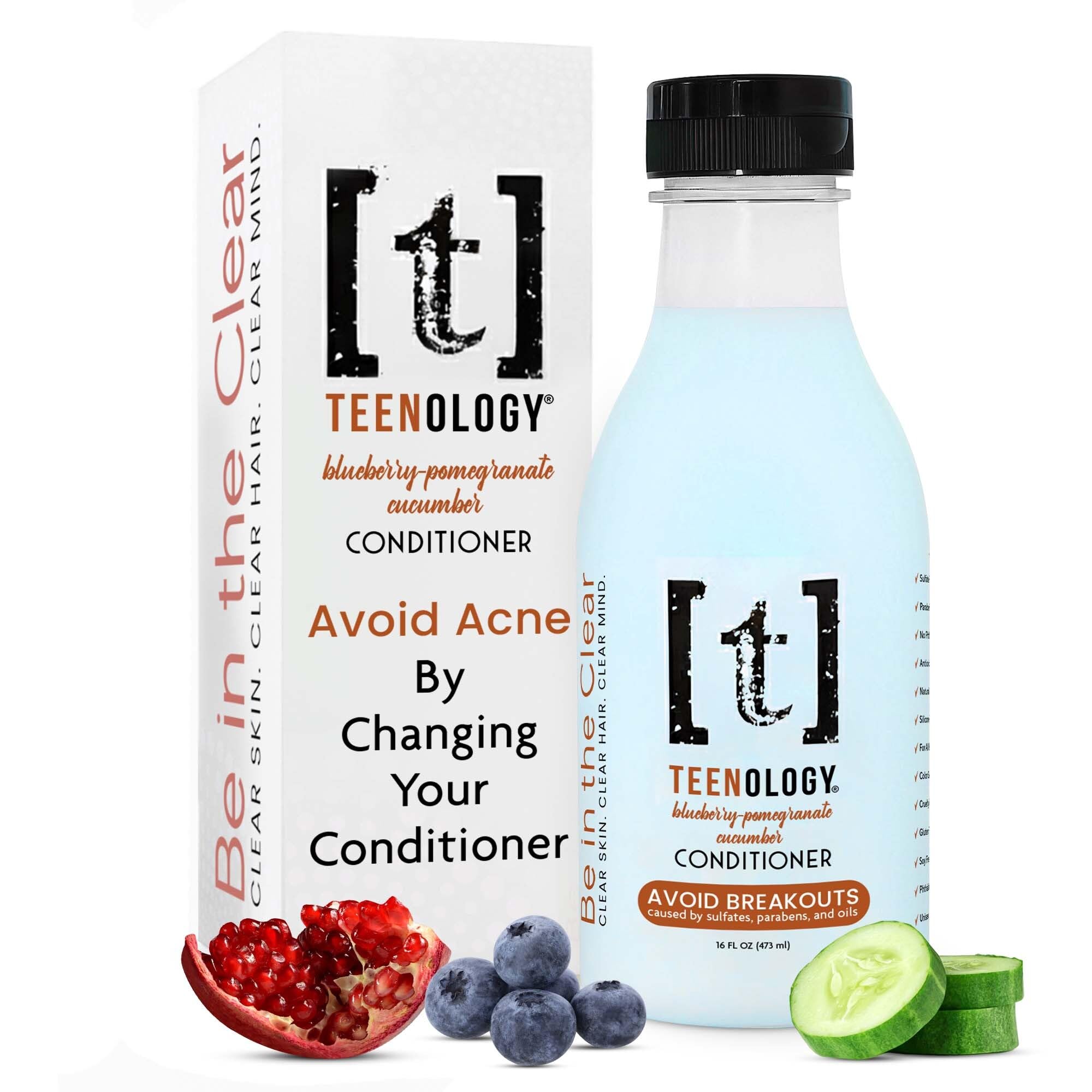 Teenology Conditioner for Teens - Avoid Forehead and Body Acne - Sulfate and Paraben Free, Noncomedogenic, Natural Botanical Extracts, Blueberry Pomegranate Cucumber - 16 oz.