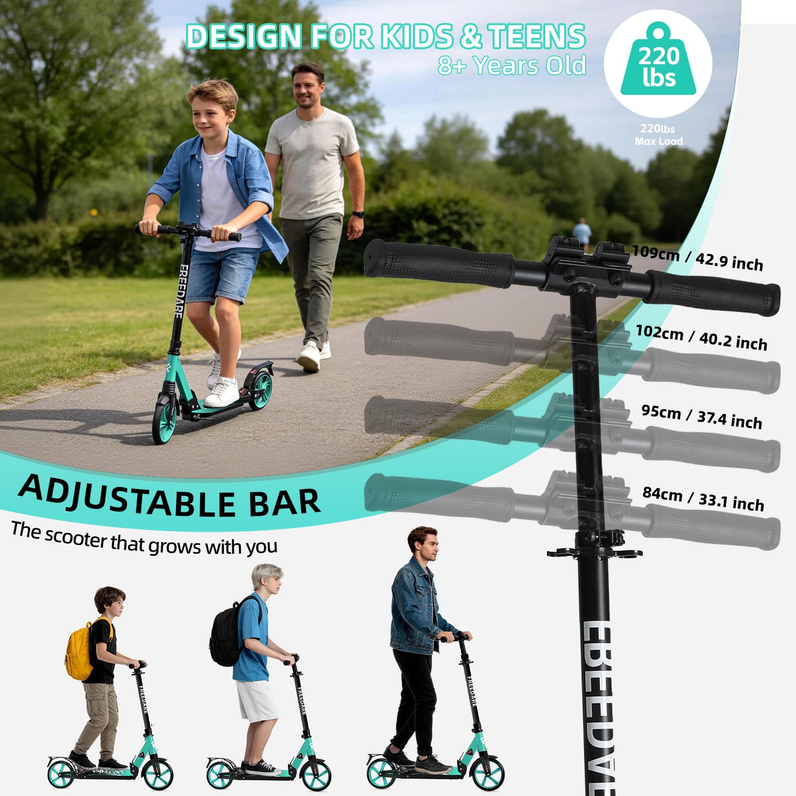 FREEDARE Kick Scooter for Kids & Adults Ages 8+, Foldable Teen Scooter with 2 Big 8-inch Wheels and 4-Level Adjustable Handlebar, Max Load 220 LBS, Green