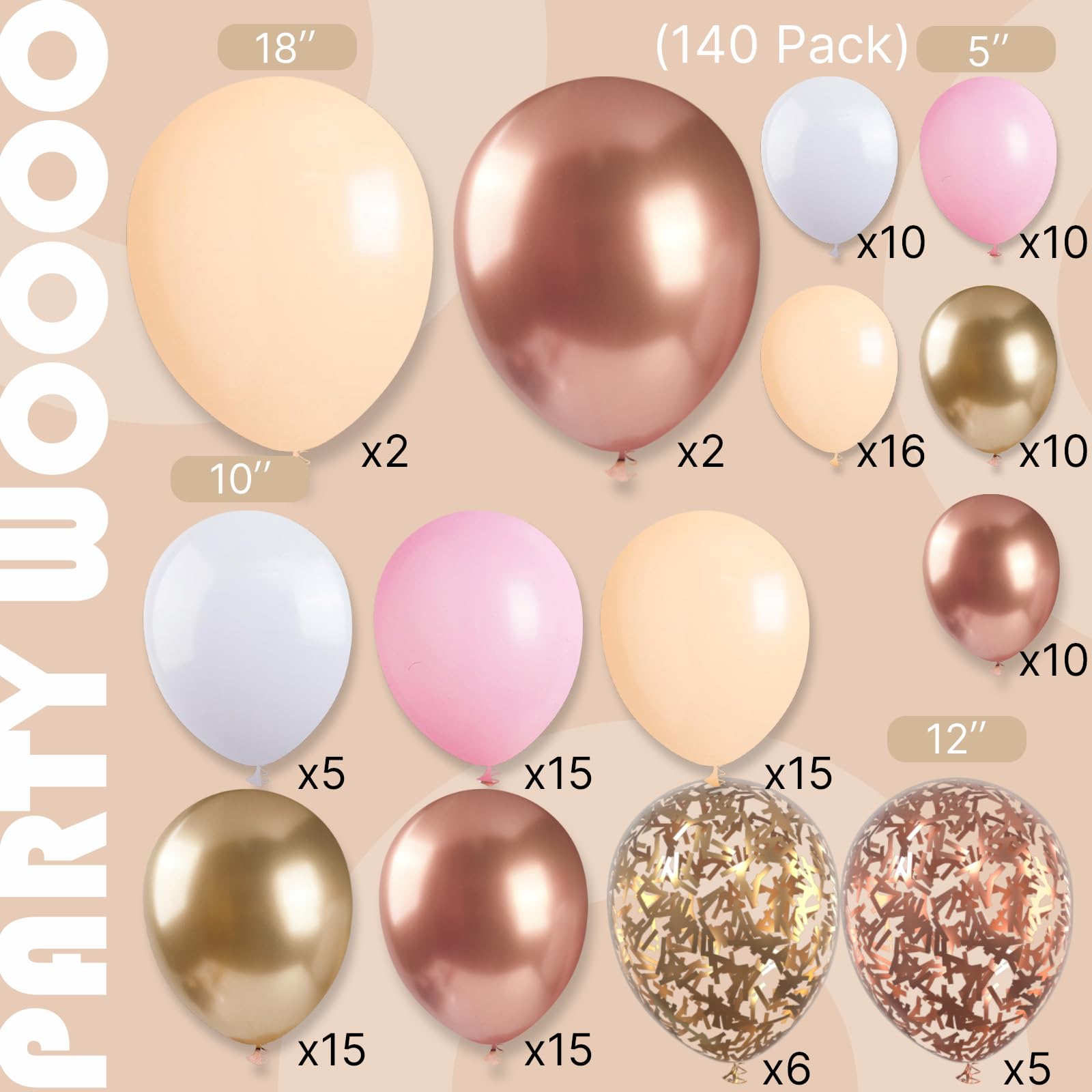 PartyWoo Rose Gold Balloon Arch Kit Garland 140 pcs Different Sizes of 18 12 10 5 Inch Light Pink Nude White Metallic Rose Gold Confetti Balloons for Bridal Shower Wedding Birthday Party Decorations