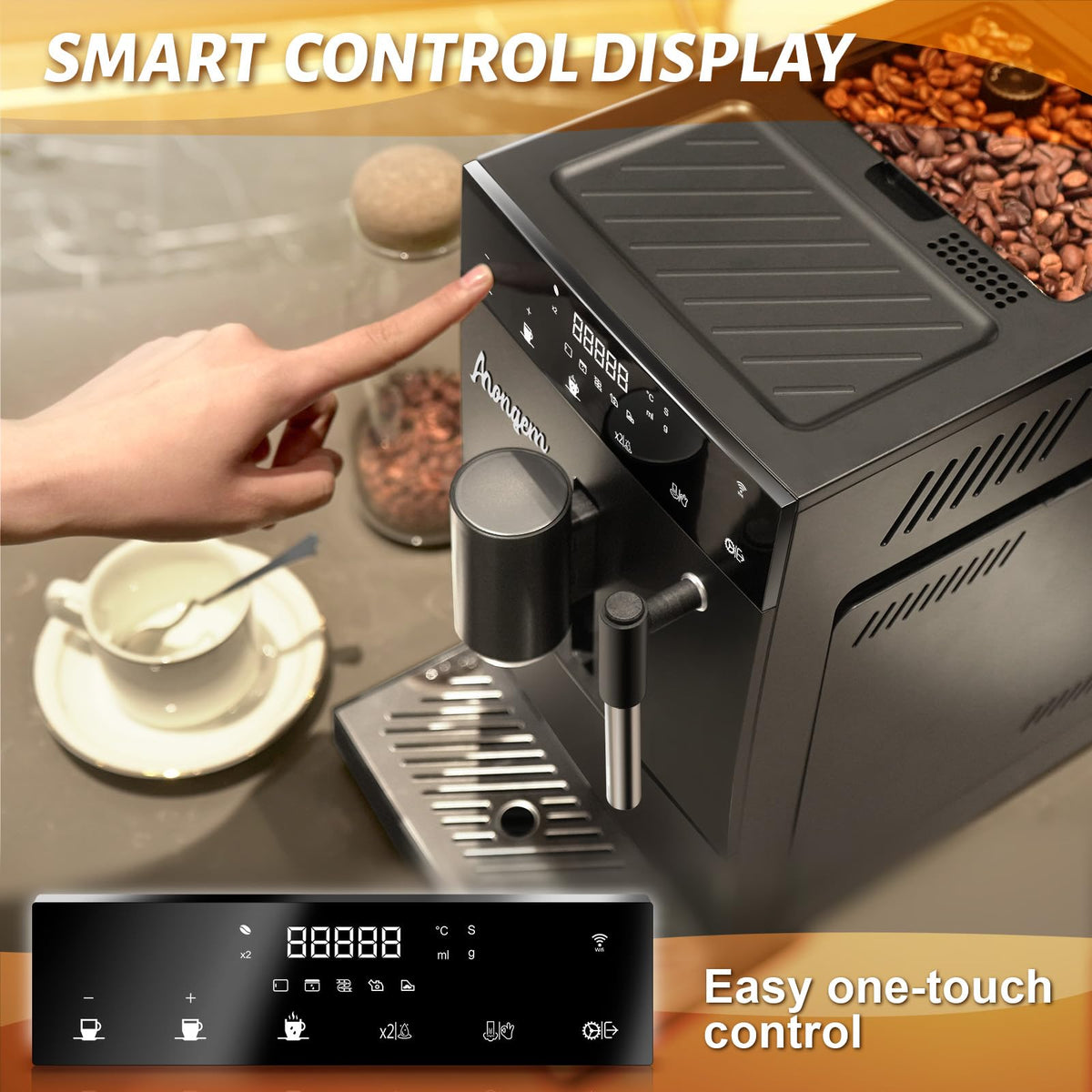 Ahongem Coffee Maker with Grinder for Cappuccino Machine: Automatic Espresso Machines for Home - Cafeteras with Frother for Kitchen - Programmable Coffee Makers for Office (Black)
