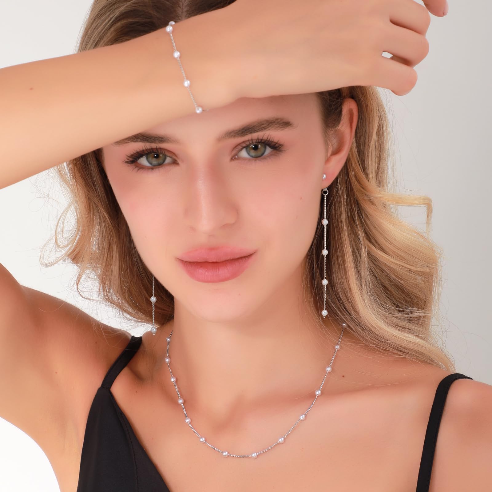 KesaPlan Silver Jewelry Set for Women Pearl Necklace and Earring Set Silver Plated Pearl Stud Earrings Adjustable Pearl Bracelets Pearl Choker Necklace Wedding Jewelry for Women