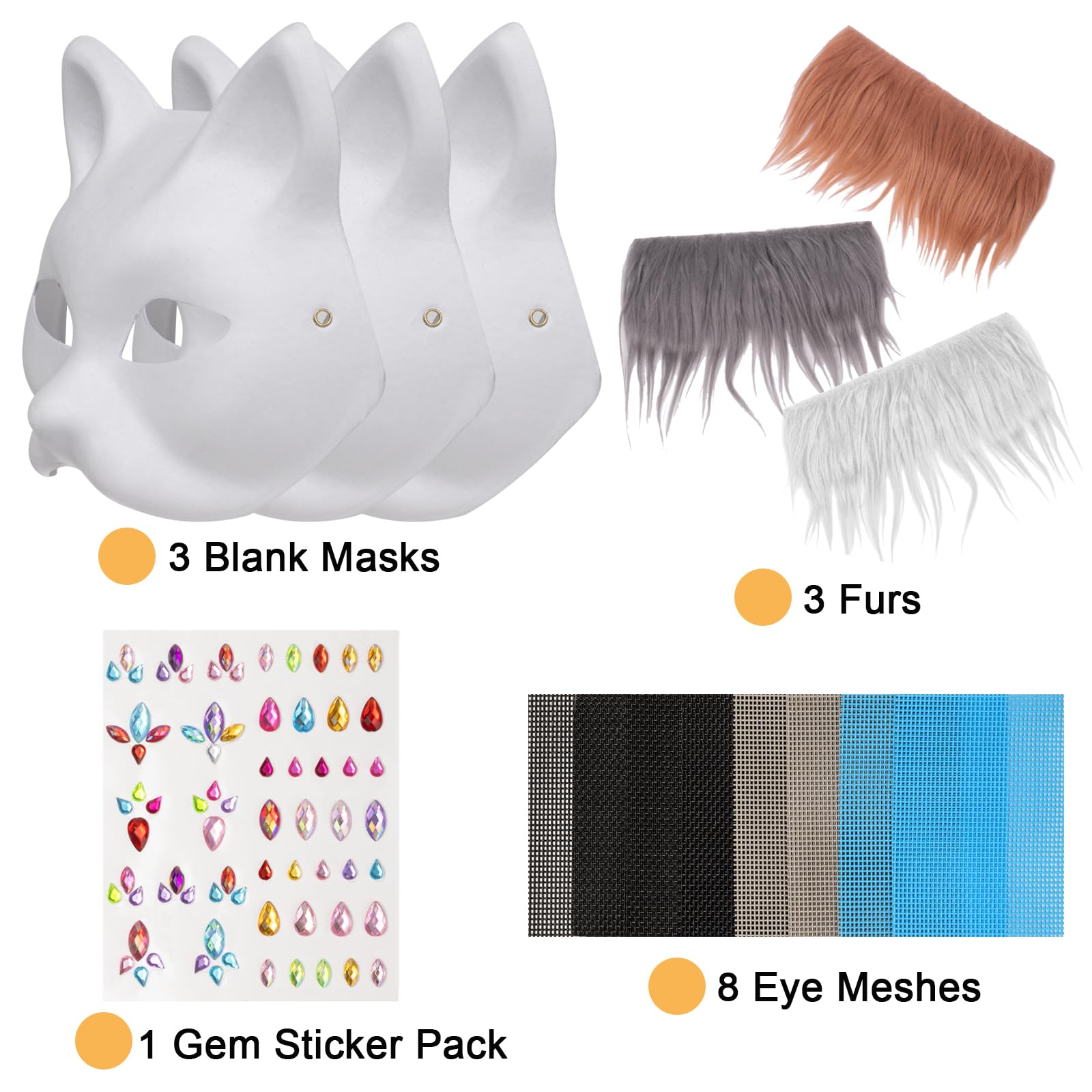 OPPKIE Cat Fox Mask 3PCS with Furs Eye Meshes and Gem Stickers, Therian Dress Up Masks to Paint, Animal Mask Arts Crafts Kit, Costume Masks for Halloween Masquerade Cosplay Party Interaction