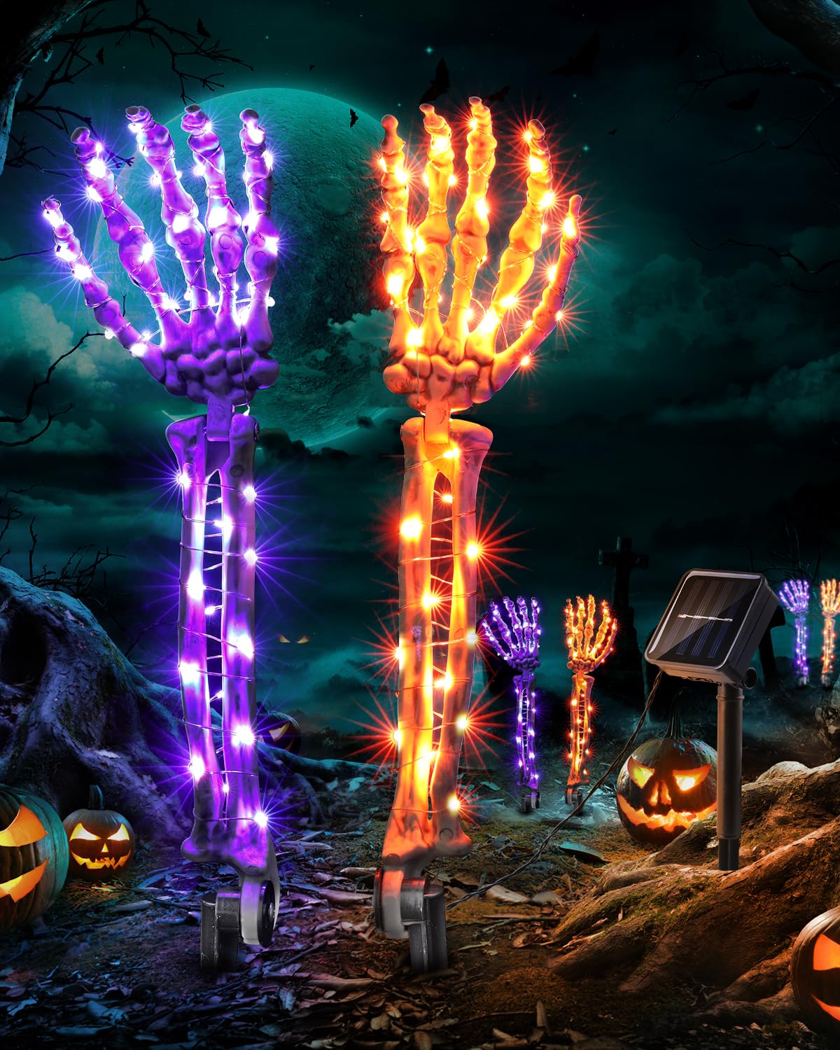 Solar Halloween Decorations Skeleton Hands - 100 LED Fairy Lights 2 pcs Skeleton Hand Stakes with 8 Lighting Modes Waterproof for Halloween Deocr Outdoor (Orange & Purple)