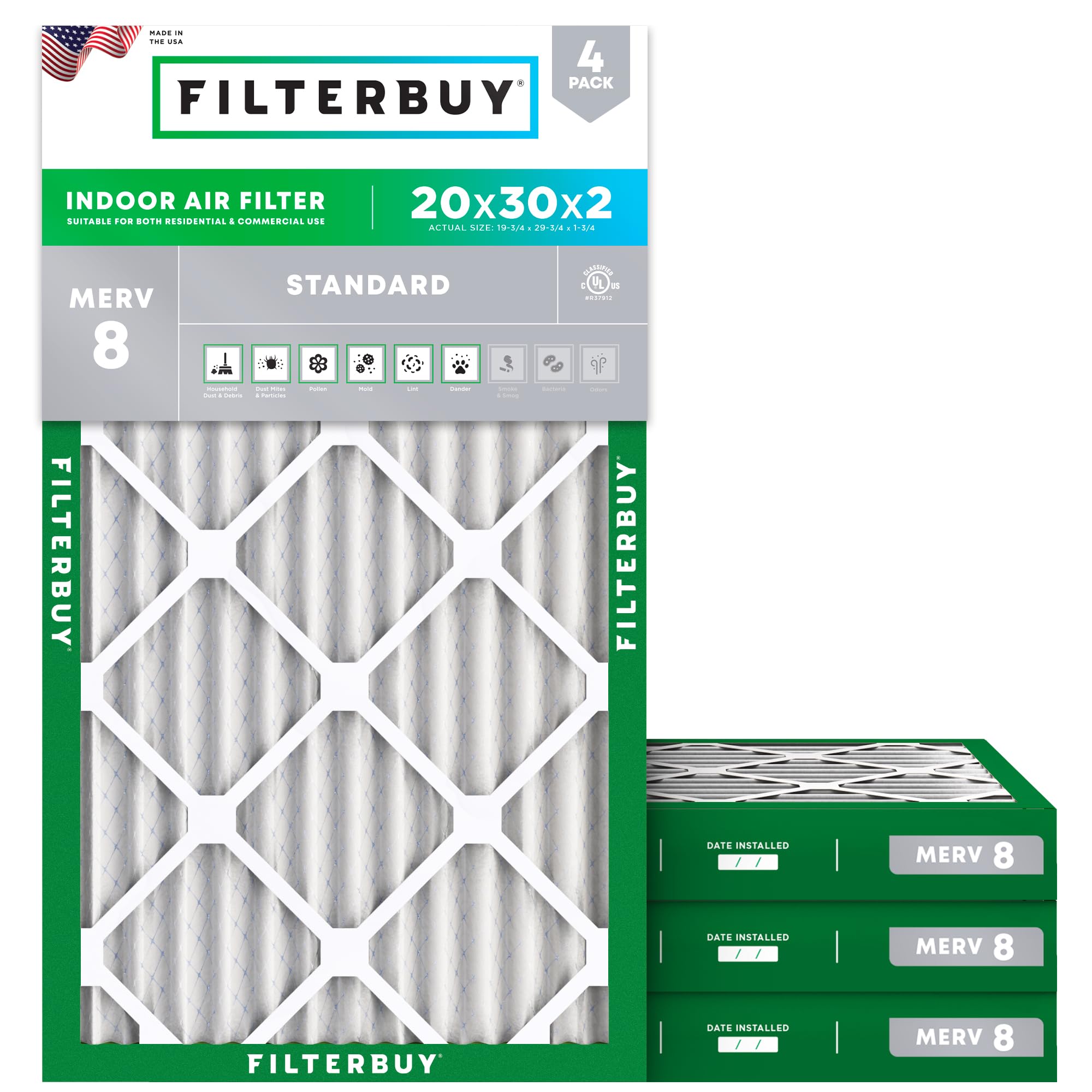 Filterbuy 20x30x2 Air Filter MERV 8 Dust Defense (4-Pack), Pleated HVAC AC Furnace Air Filters Replacement (Actual Size: 19.75 x 29.75 x 1.75 Inches)