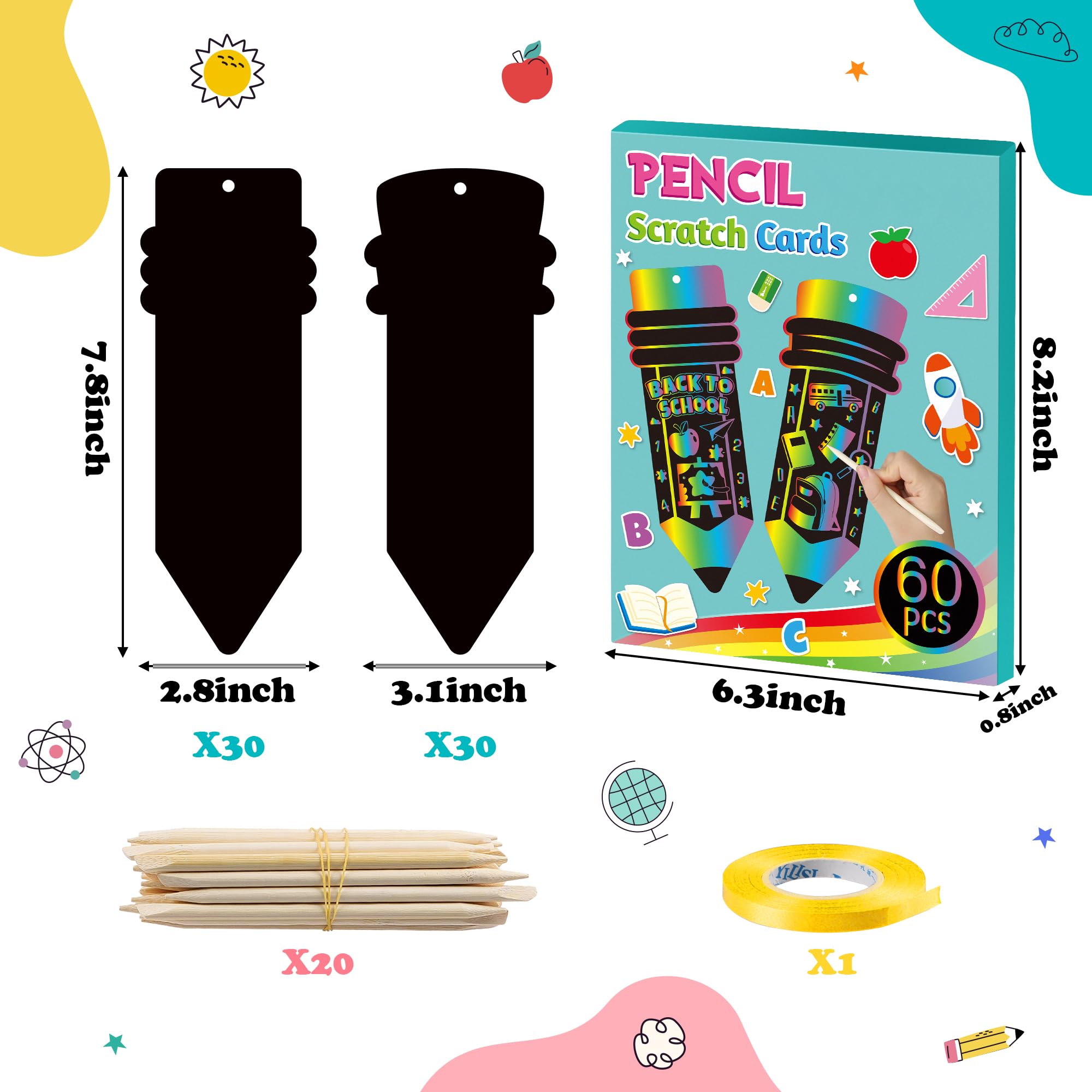 BeYumi 60Pcs Welcome Back to School Pencil Scratch Cards Gift Set for Kids DIY Magic Scratch Paper Art Back to School Scratch Bookmarks First Day of School Classroom Activity Art Project Party Favors