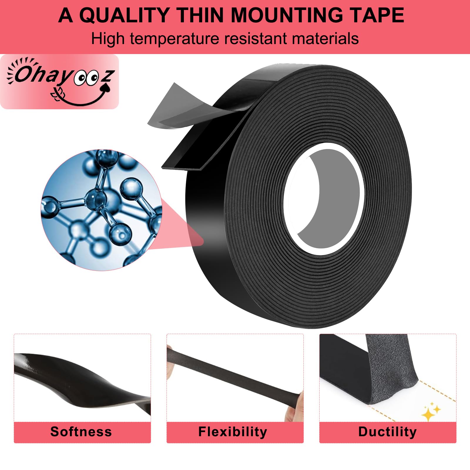 Ohayooz Extra Strong Double Sided Tape Heavy Duty 10FT, Very Sticky Adhesive Double Sided Mounting Tape Waterproof, Works Great Indoors and Outside, Walls, Automotive, Home Office Deco