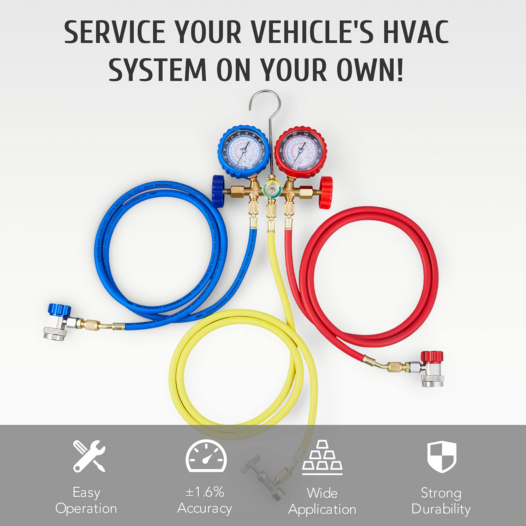 Orion Motor Tech AC Gauges, AC Manifold Gauge Set for R134a R12 R22 R502, 3 Way Automotive AC Gauge Set with Antishock Gauges Hoses Couplers Adapter, Puncturing Can Tap Freon Recharge Kit