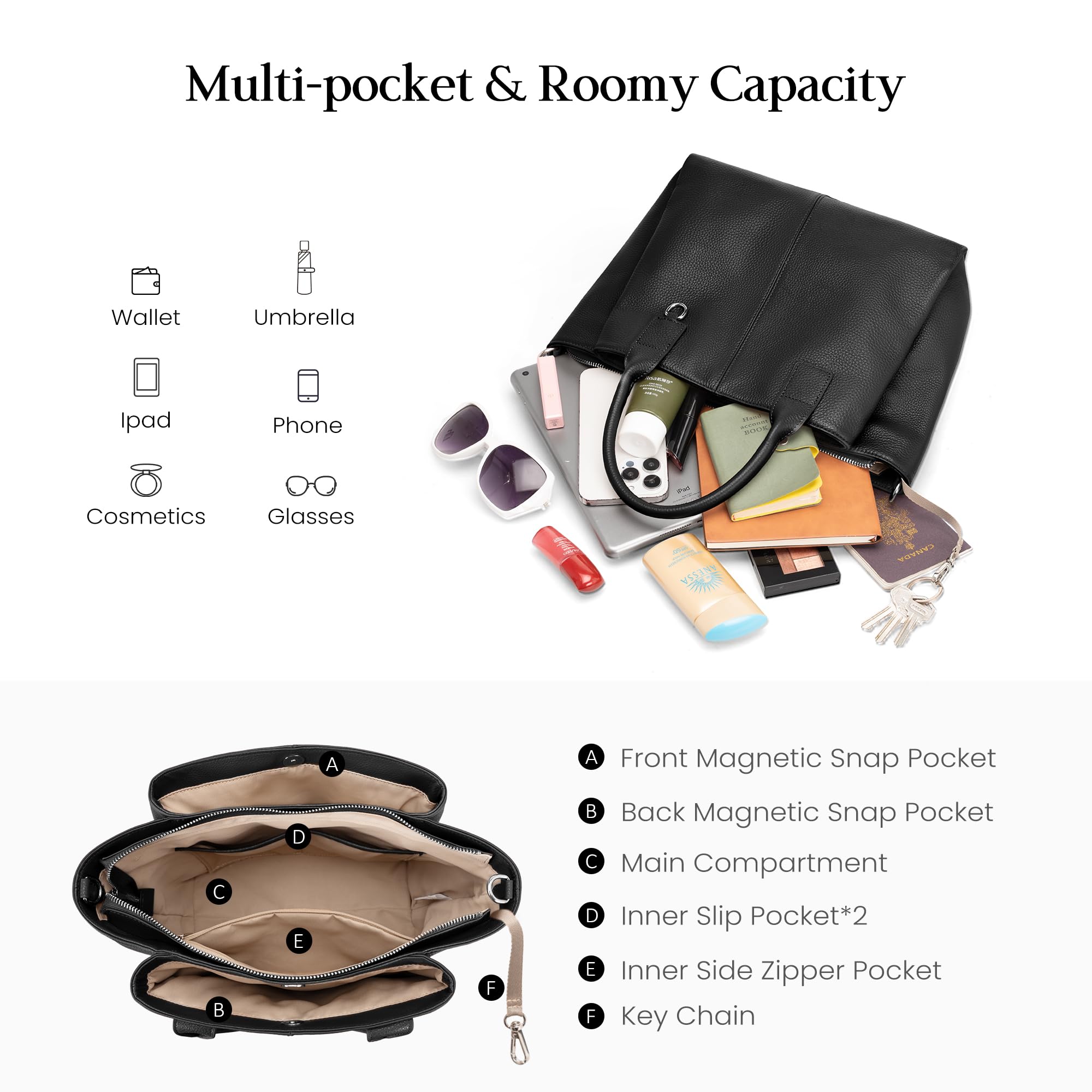 befen Black Leather Tote Bag for Women Medium, Womens Designer Satchel Handbags Crossbody Top Handle Purse with Shoulder Strap