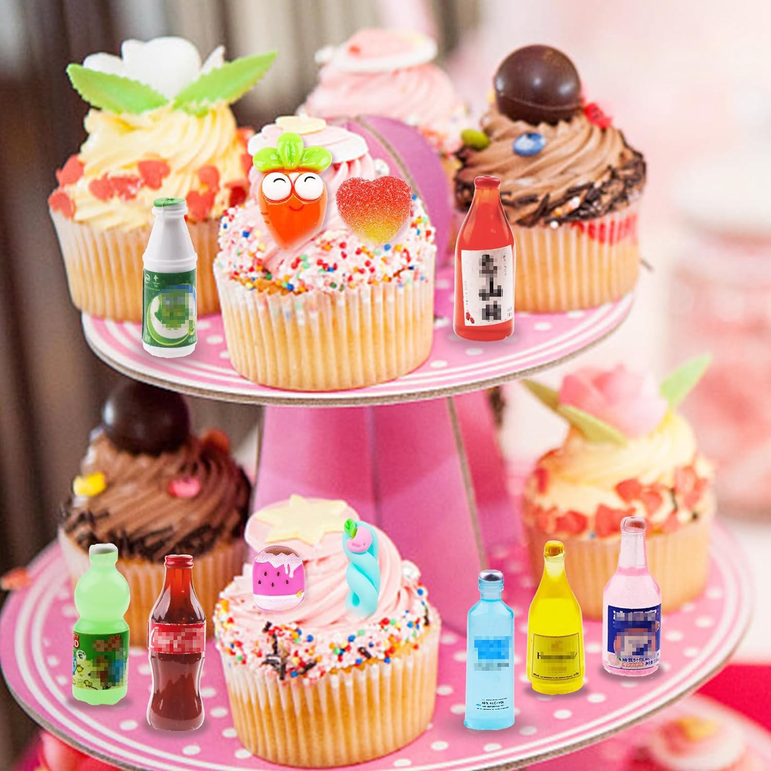 50Pcs Miniature Food Drinks Bottle Soda Pop Cans, Pretend Play Mini Kitchen Game Party Accessories Toys Hamburg Cake Ice Cream for 1/12 Doll House
