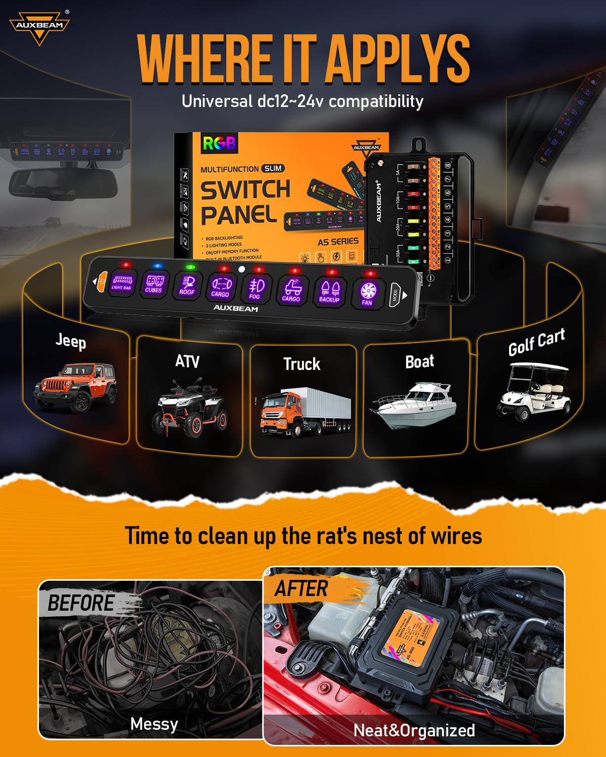 Auxbeam 8 Gang Slim Switch Panel Bluetooth RGB AS-800 with APP&Wireless Remote Control Toggle Momentary Pulsed Dimmable Switch Pod Backlit Off Panel Box for Offroad Truck Waterproof