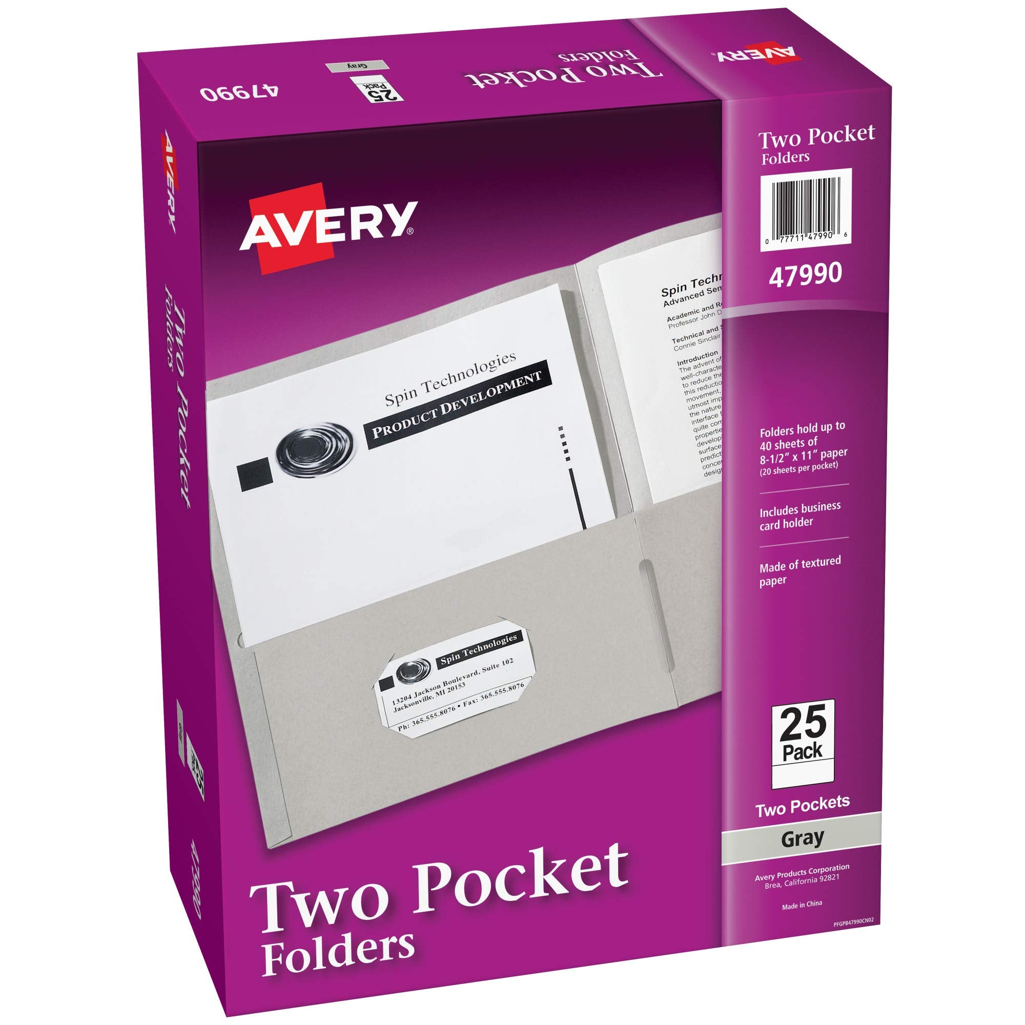 Avery Two Pocket Folders, Holds up to 40 Sheets, Business Card Slot, 25 Gray Folders (47990)