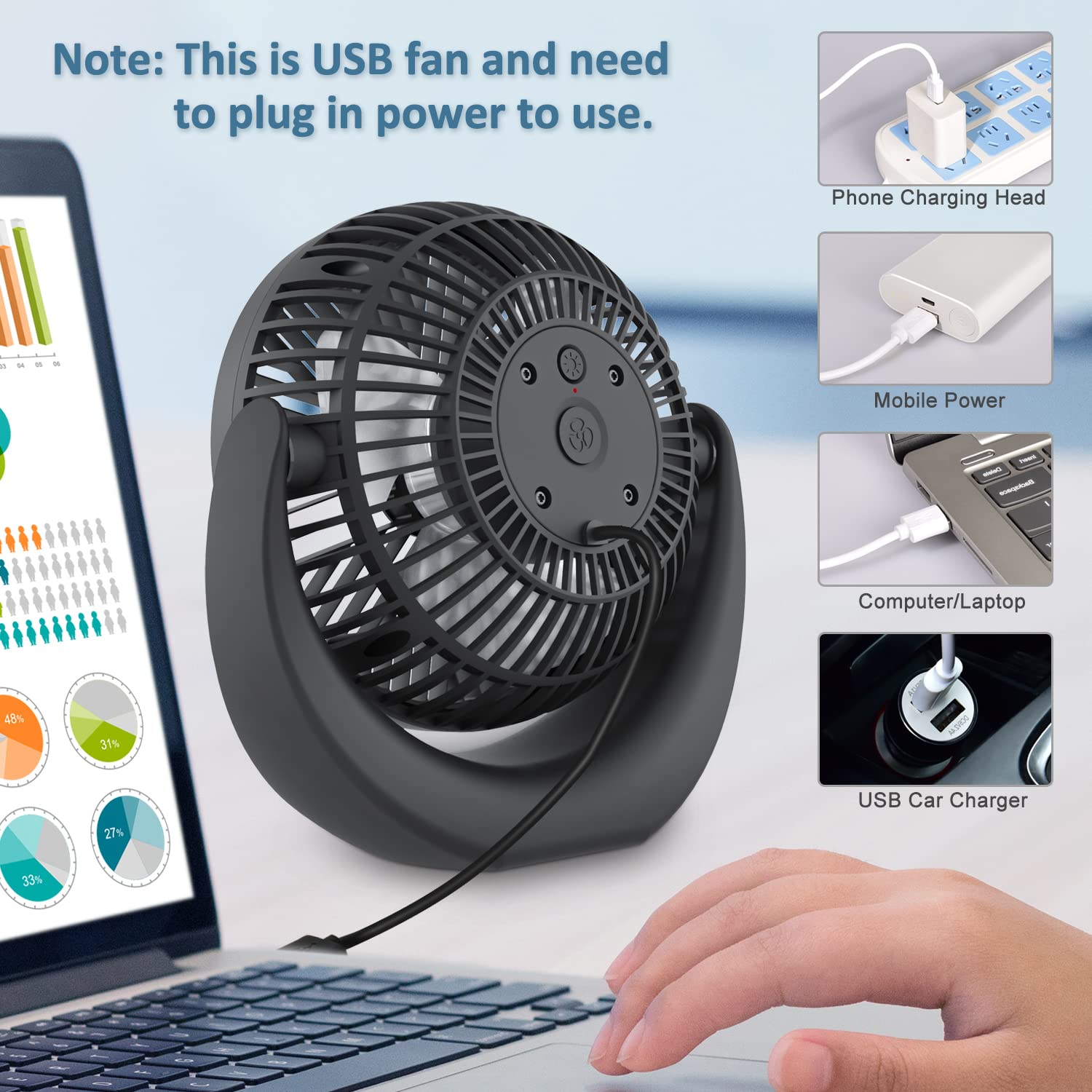GagetElec USB Desk Fan with LED Night Lights,360°Rotation Desktop Fan,3 Speeds Quiet Mini USB Cooling Fan Personal Table Fan for Home Office Desktop Office Table 5.3 Inch (T5-08)