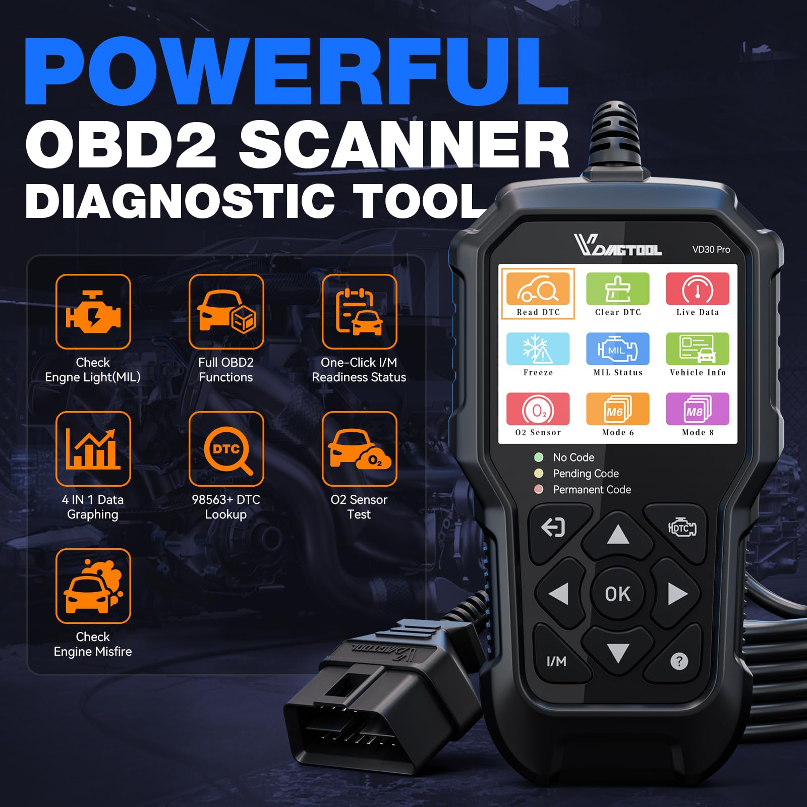 VDIAGTOOL VD30 Pro Car Code Reader, OBD2 Scanner Diagnostic Tool for Cars and Trucks, Check Engine Code Reader, OBD2 Scanner with Reset, Live Data, Freeze Frame, I/M Readiness for All OBDII Vehicles
