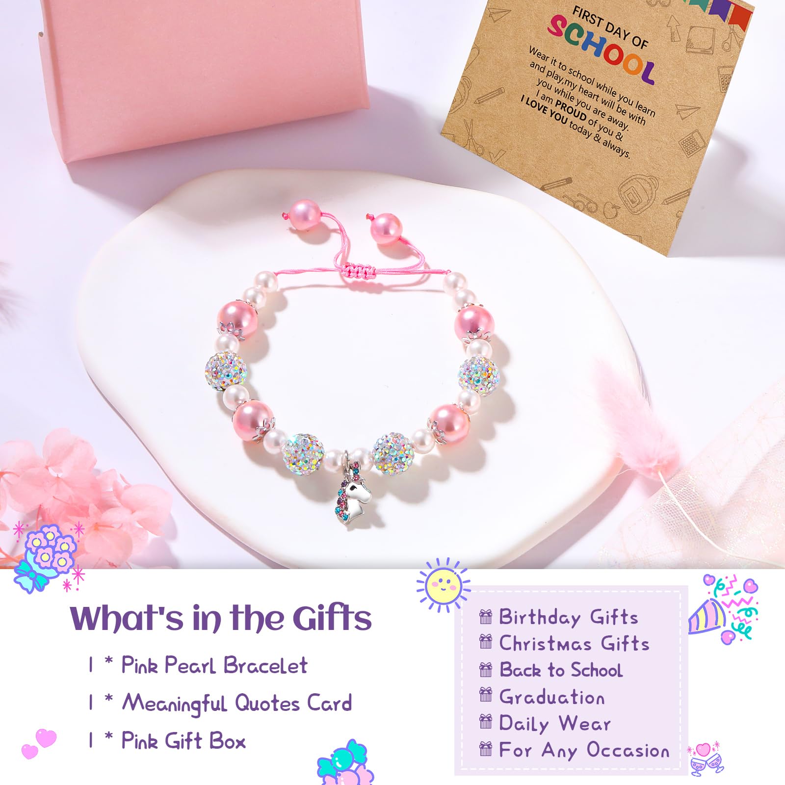 Alissl Unicorn Back to School Gifts for Girls, Adjustable Pink Pearl Bracelet Gifts for Daughter Niece Granddaughter Teen Girls