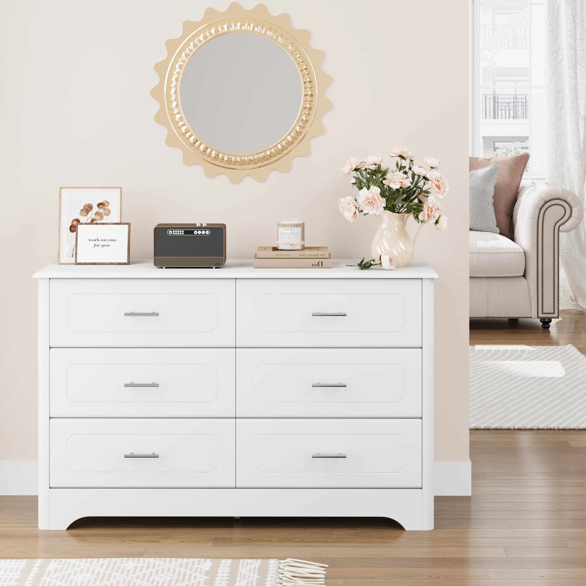 HOSTACK 6 Drawer Dresser, Modern White Wide Chest of Drawers with Metal Handels, Wood Double Dresser, Storage Chest Organizers for Living Room, Hallway, Entryway, White
