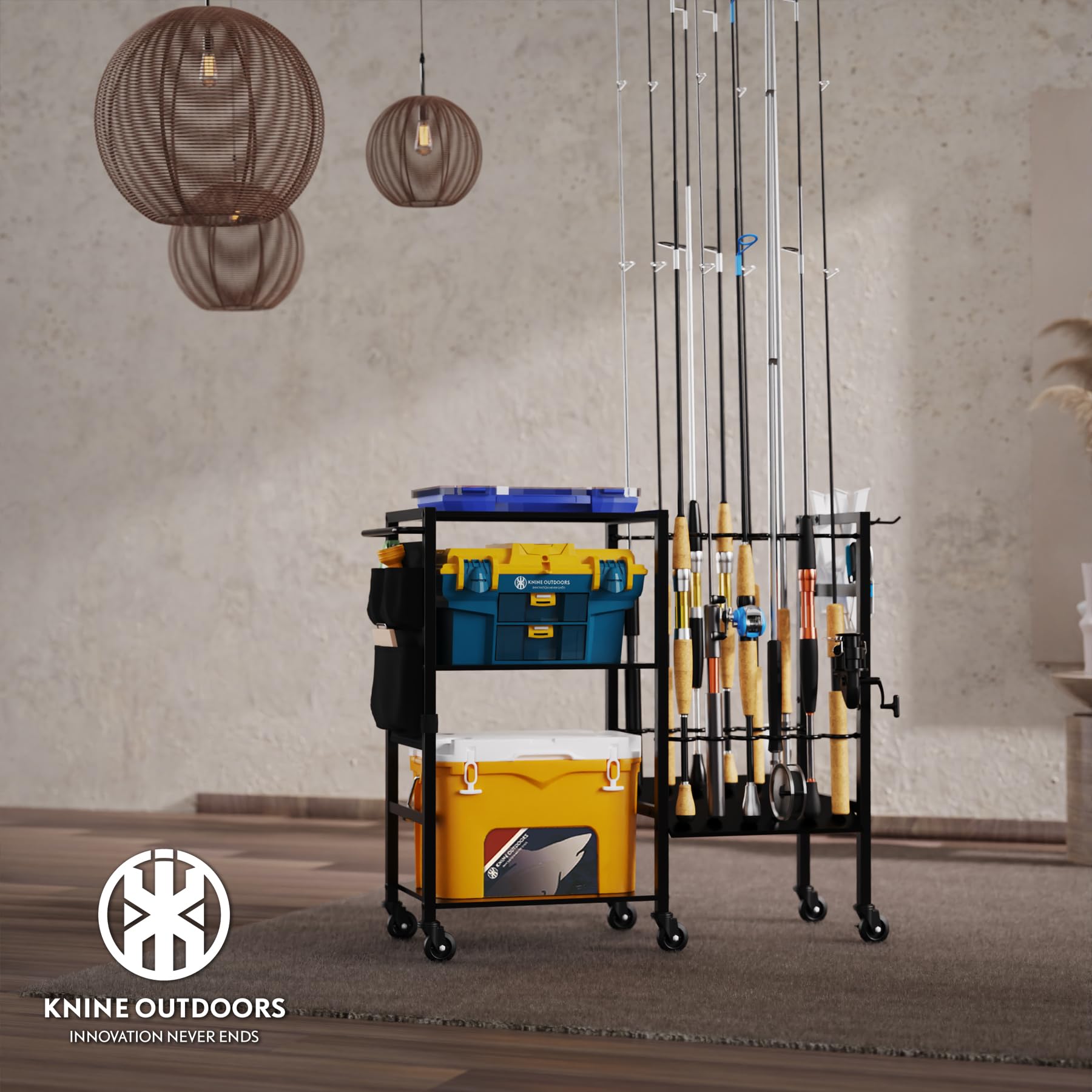 KNINE OUTDOORS Garage Fishing Pole Holders - 12 Rod Holders, 3 Layers of Storage Space for Fishing Gear and Equipment