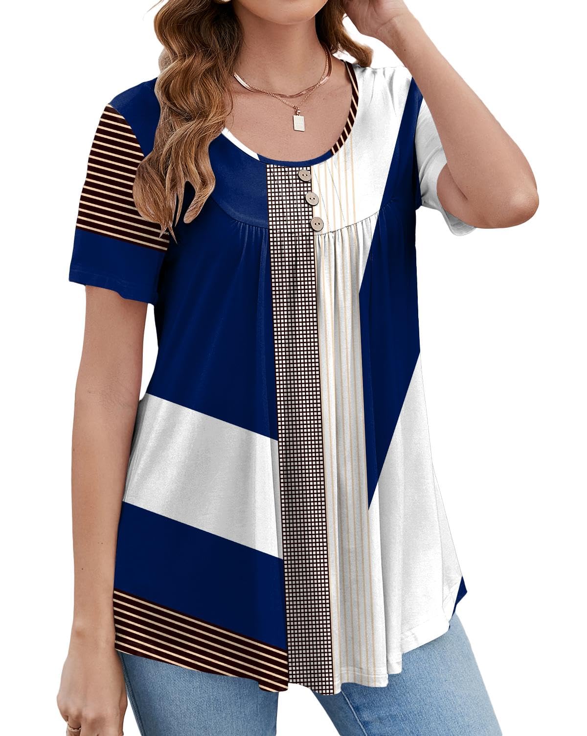 BeadChica Women's Tunic Tops For Leggings Short Sleeve Shirts Botton Up Casual Ruched Blouses Clothing Floral-M White Blue