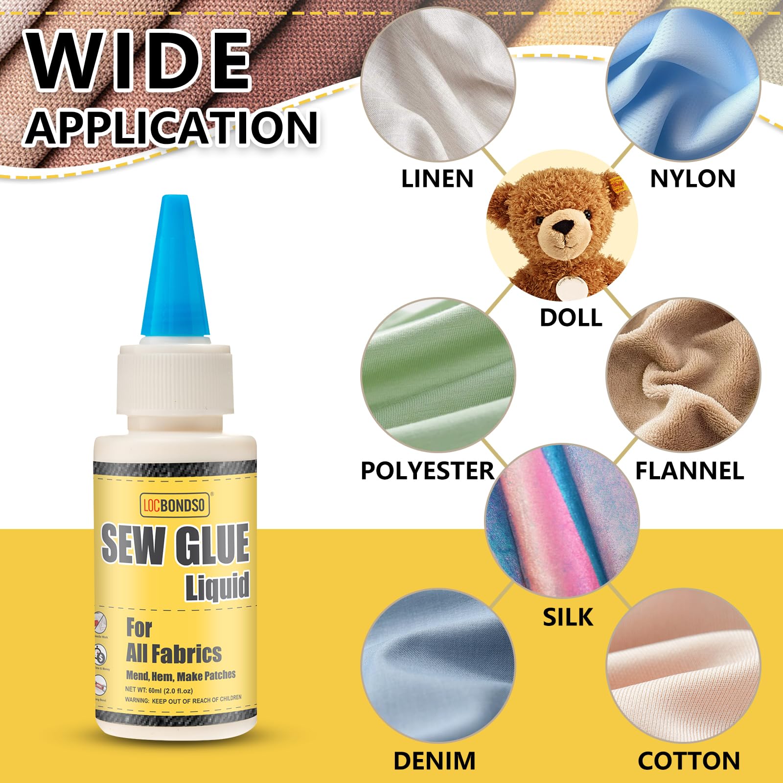 LOCBONDSO 180 ml Fabric Glue, Fabric Glue for Clothing Permanent Washable, Fabric Adhesive Clear Waterproof for All Fabrics, Crafts, Patches, Sofa, Cotton, Nylon, Wool, Denim, Leather