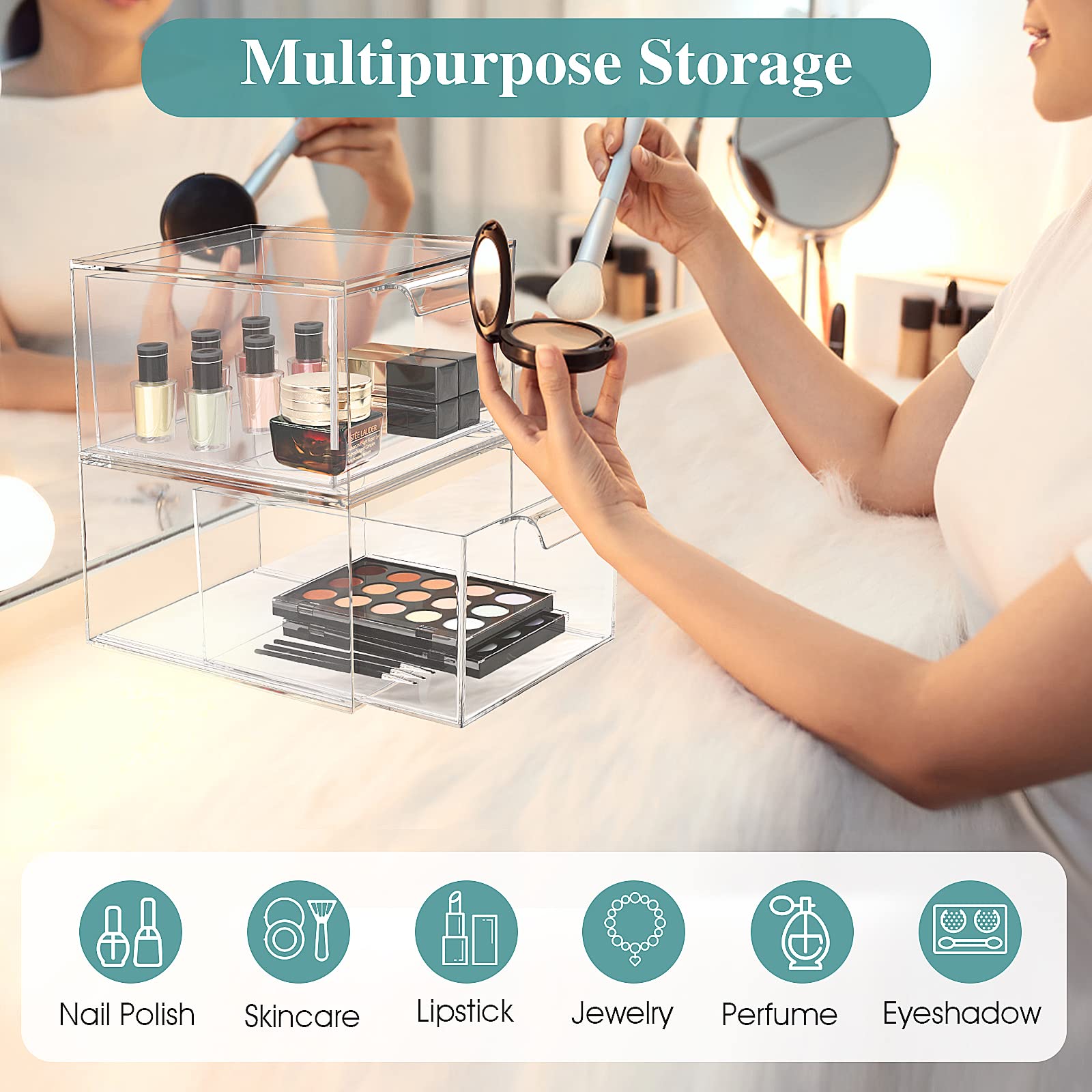 SpaceHacks 2 Pack Stackable Makeup Organizer and Storage, Acrylic Organizers,Clear Plastic Storage Drawer with Handles for Vanity, Undersink, Kitchen Cabinets, Pantry