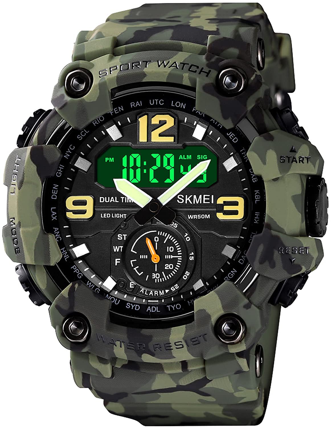 BESTKANG Large Face Digital Sports Wrist Watch for Men Dual Dial Time Outdoor Military Waterproof Watches LED Screen Stopwatch Alarm Wristwatch (Green Camouflage)