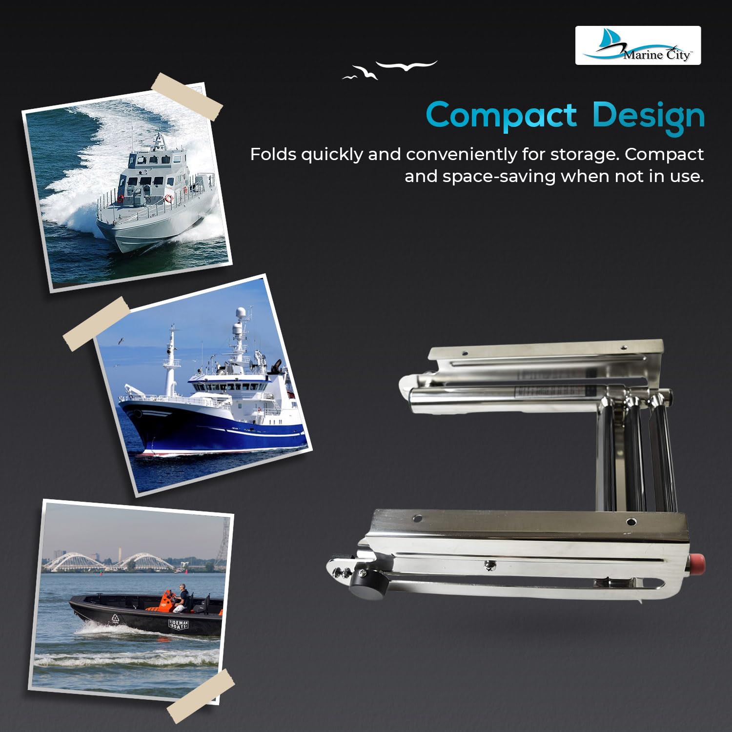 MARINE CITY 304 Stainless Steel Telescoping 3 Step Under Slide Boarding Boat Ladder with Swim Platform Mount - Swiveling, Flips Up - Ideal for Marines, Boats, Yachts, and Pontoons
