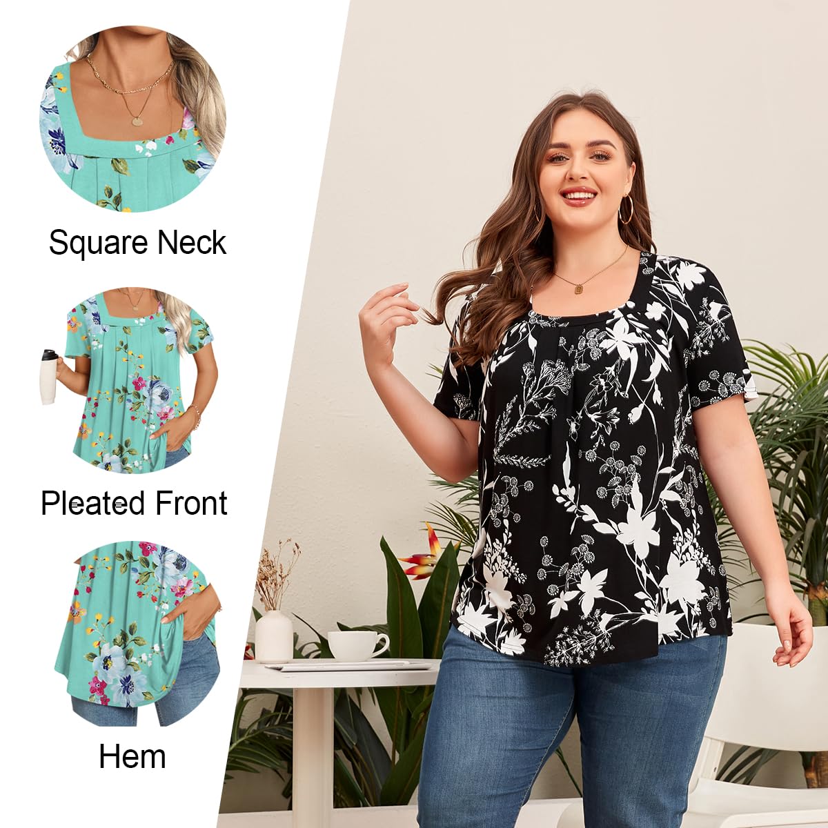 LONGYUAN Womens Tunic Tops 2025 Summer Casual Square Neck Shirts Black Large