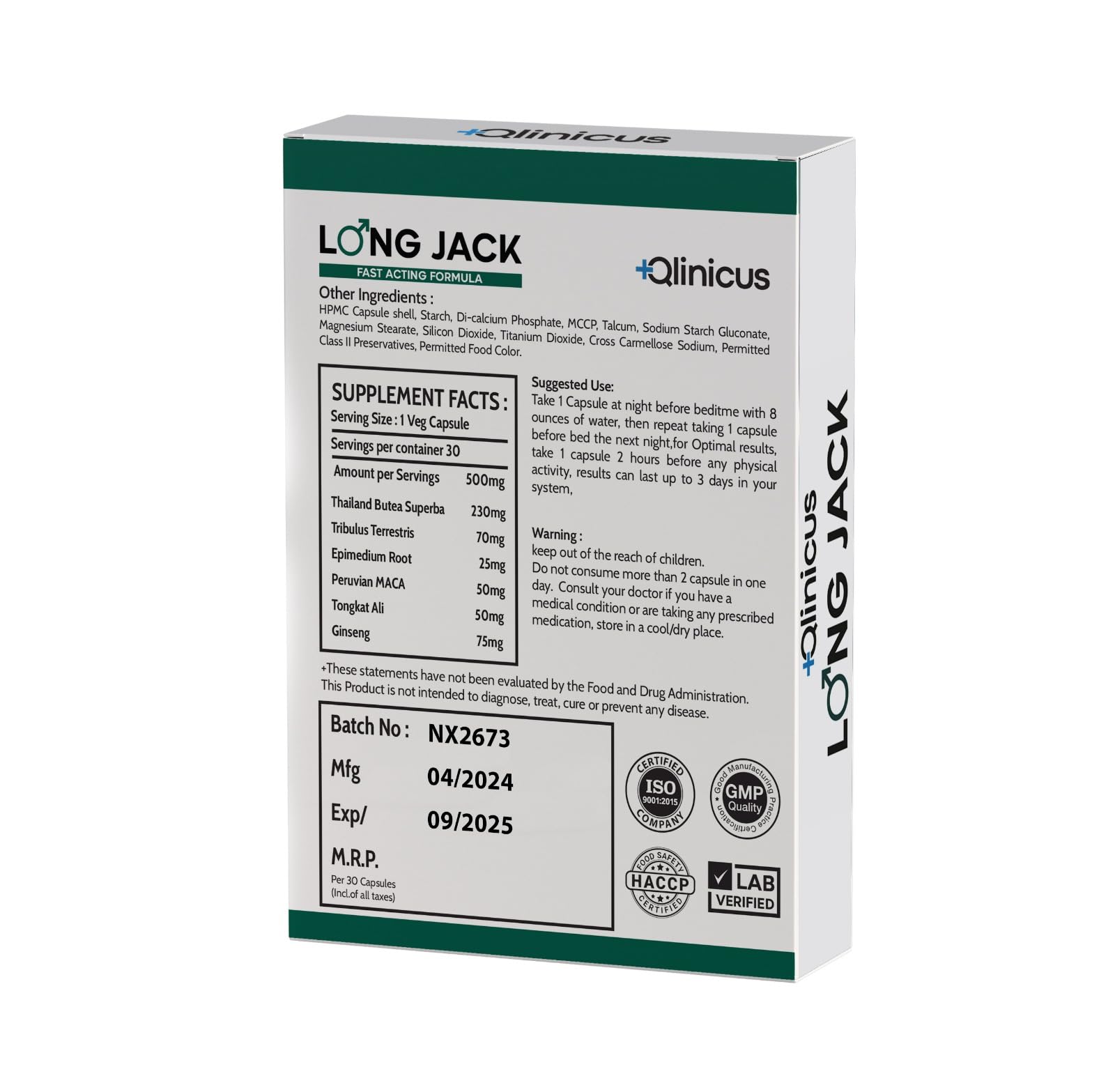 Qlinicus Endurance & Energy Supplement -30 Count Recharge with Extra Strength and Fast Acting Performance | Sports Nutrition for Higher Levels of Vitality,Power,Stamina & Drive-500Mg