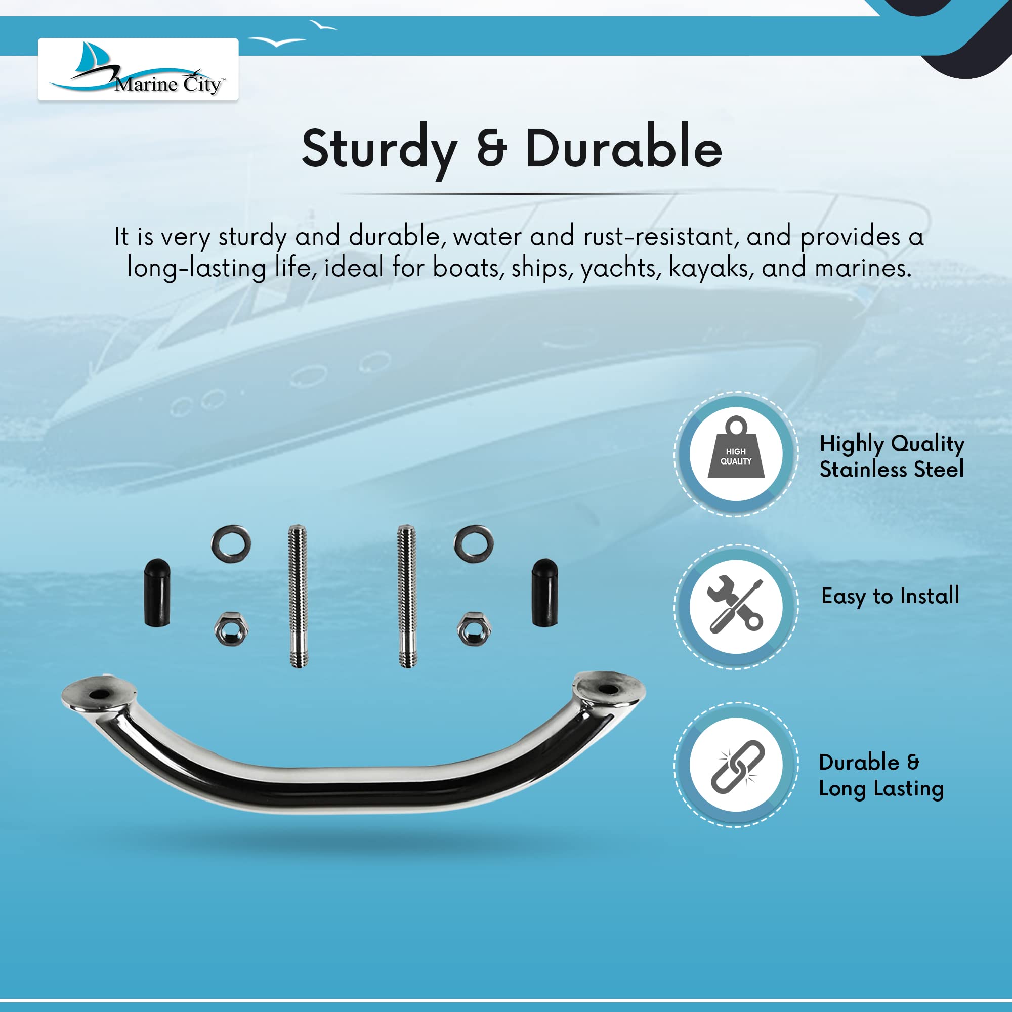 MARINE CITY Stainless Steel Oval Marine Grab Handle/Handrail with Flange and Studs for Boats – Ships – Yachts – Kayaks (8 Inches)