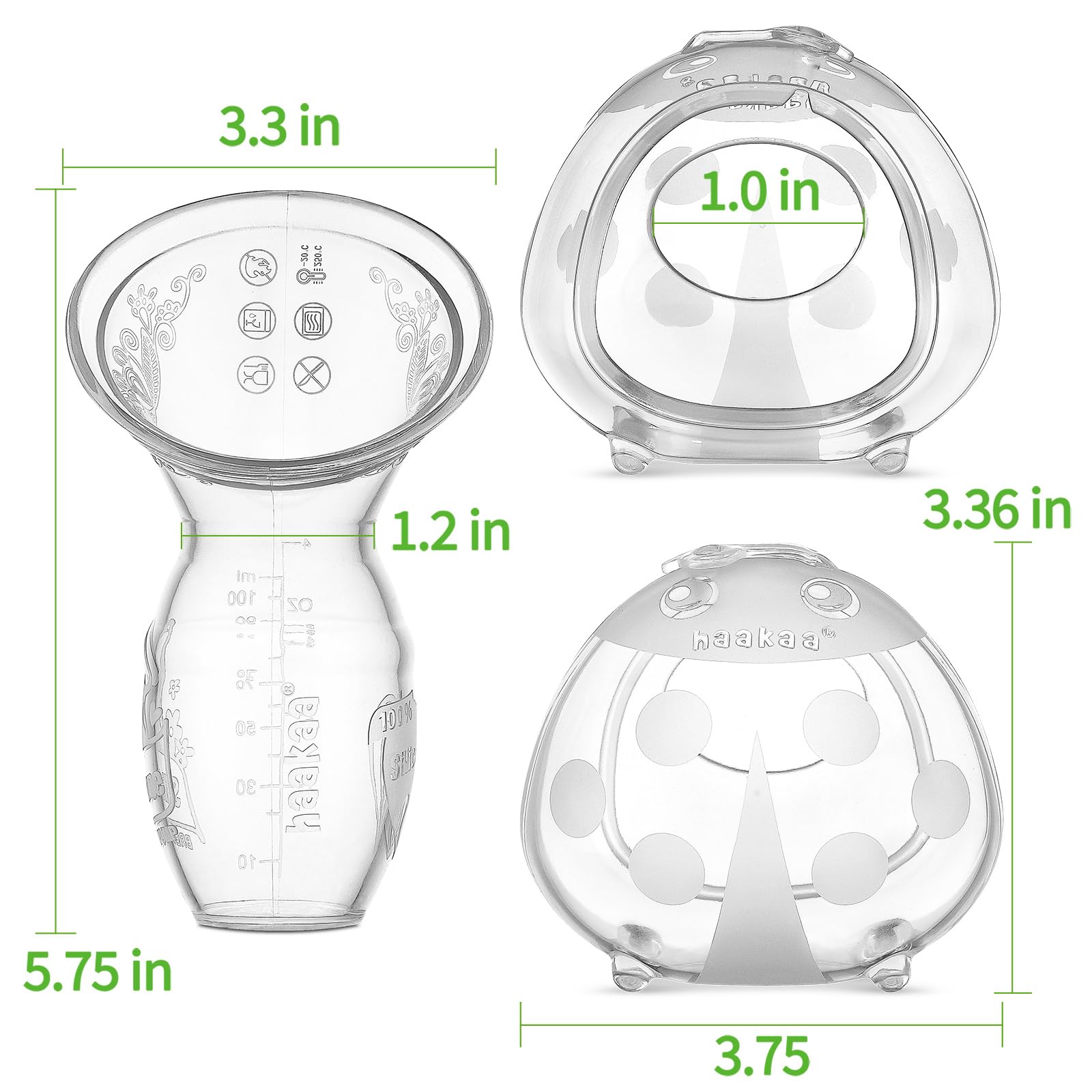haakaa Manual Breast Pump Collector 4oz/100ml and Ladybug Milk Collector 2.5oz/75ml Combo for Breastfeeding, Made of Food Grade Silicone