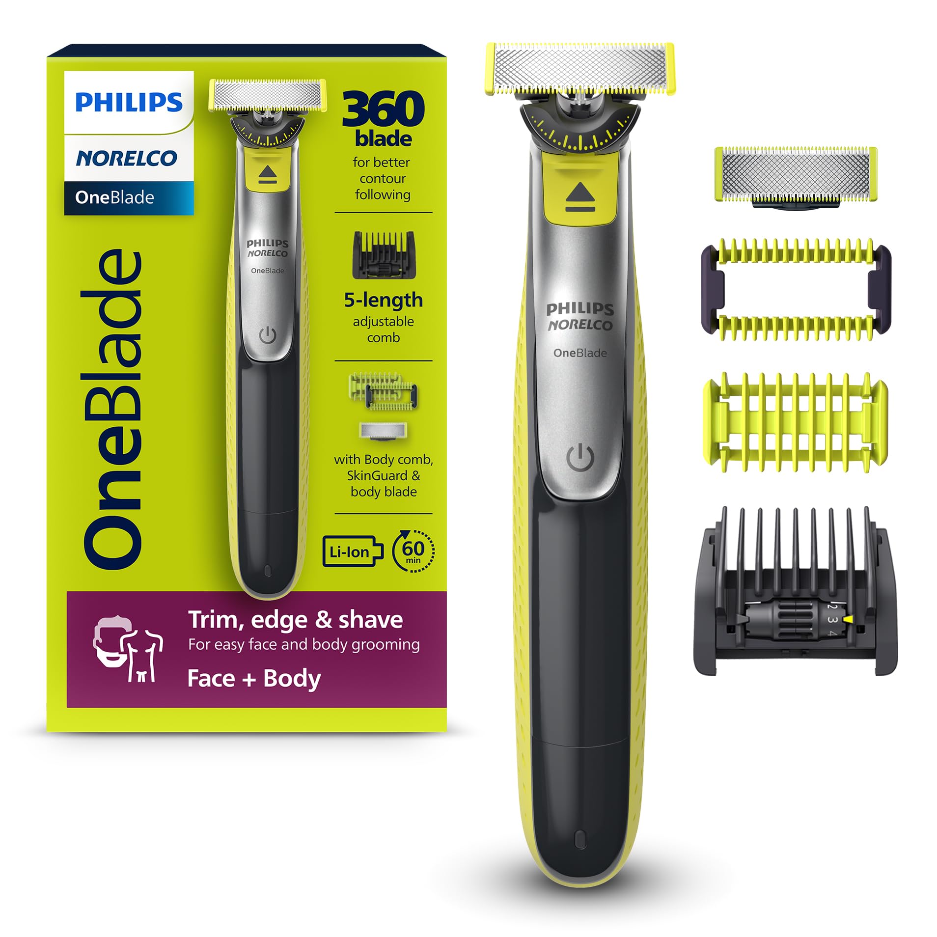 Philips Norelco OneBlade 360 Hybrid Face + Body, Electric Beard Trimmer, Shaver and Body Groomer, with 360 Blade Technology, 1x 360 Blade for Face, 5in1 Adjustable Comb, 1x Body Kit, Model QP2834/70