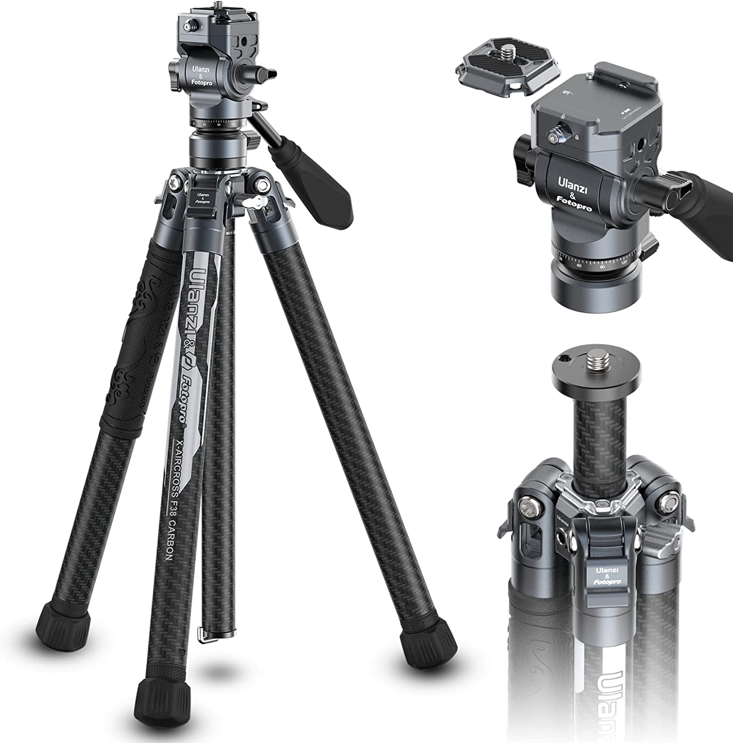 ULANZI F38 Video Travel Tripod, 61.4" Lightweight Carbon Fiber Camera Tripod with Quick Release 1/4" Screw & Video Head, for Most Cameras/DSLR/Projector, Weight 2.38lbs, Maxload 22lbs