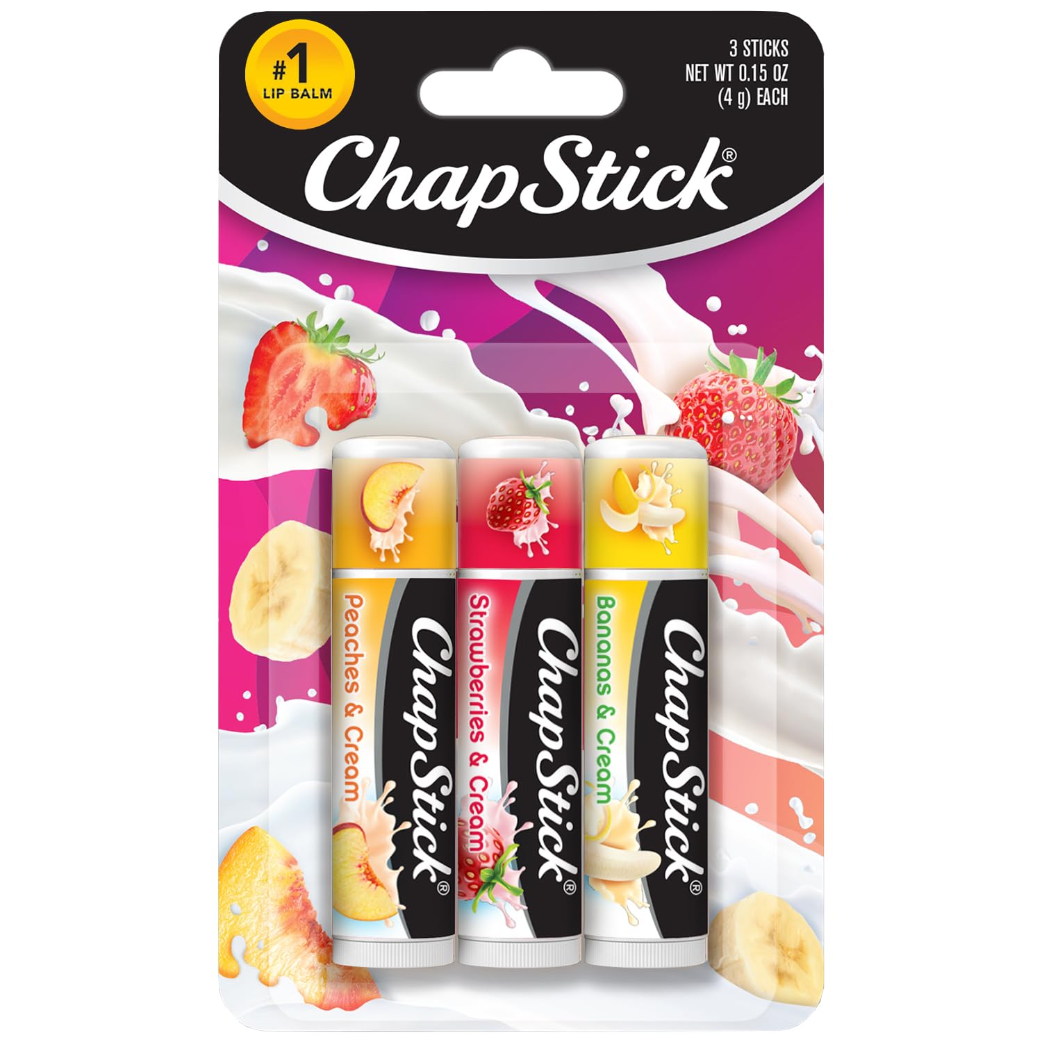 ChapStick Lip Balm, Fruit & Cream Collection 3-Pack – Peaches & Cream, Strawberries & Cream, and Bananas & Cream, 0.15 Oz Ea