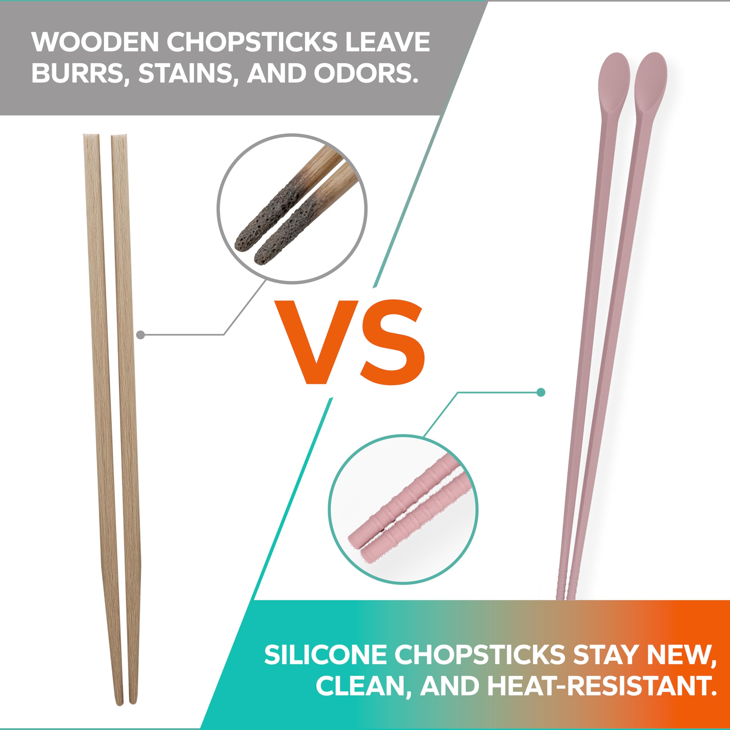 RECOHOME Reusable Long Silicone Cooking Chopsticks with Spoon 12 Inches 1 Pair, Dishwasher Safe, BPA-free Non-Slip, Non-Scratch, Korea Japanese Kitchen Utensils (Pastel Grey, 1Pair )