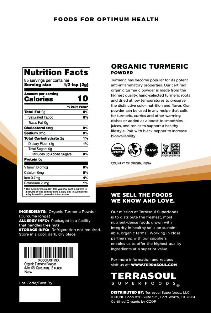 Terrasoul Superfoods Organic Turmeric Powder, 16 Oz : Curcumin - Lab Tested for Purity - Premium Quality - Great for Inflammation