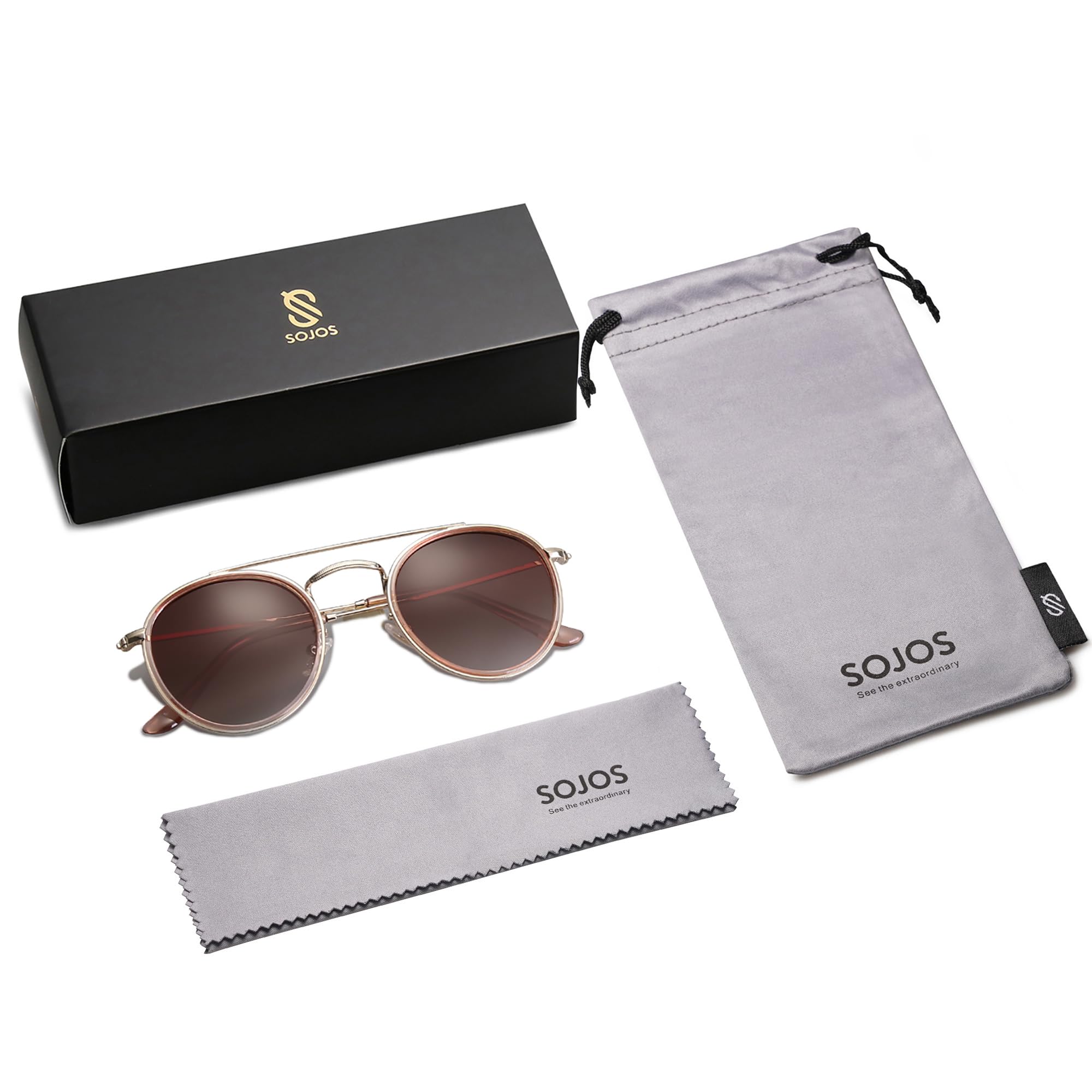 SOJOS Retro Vintage Round Polarized Sunglasses for Women Men Small Double Bridge Circle Sunnies SJ1104, Gold/Brown