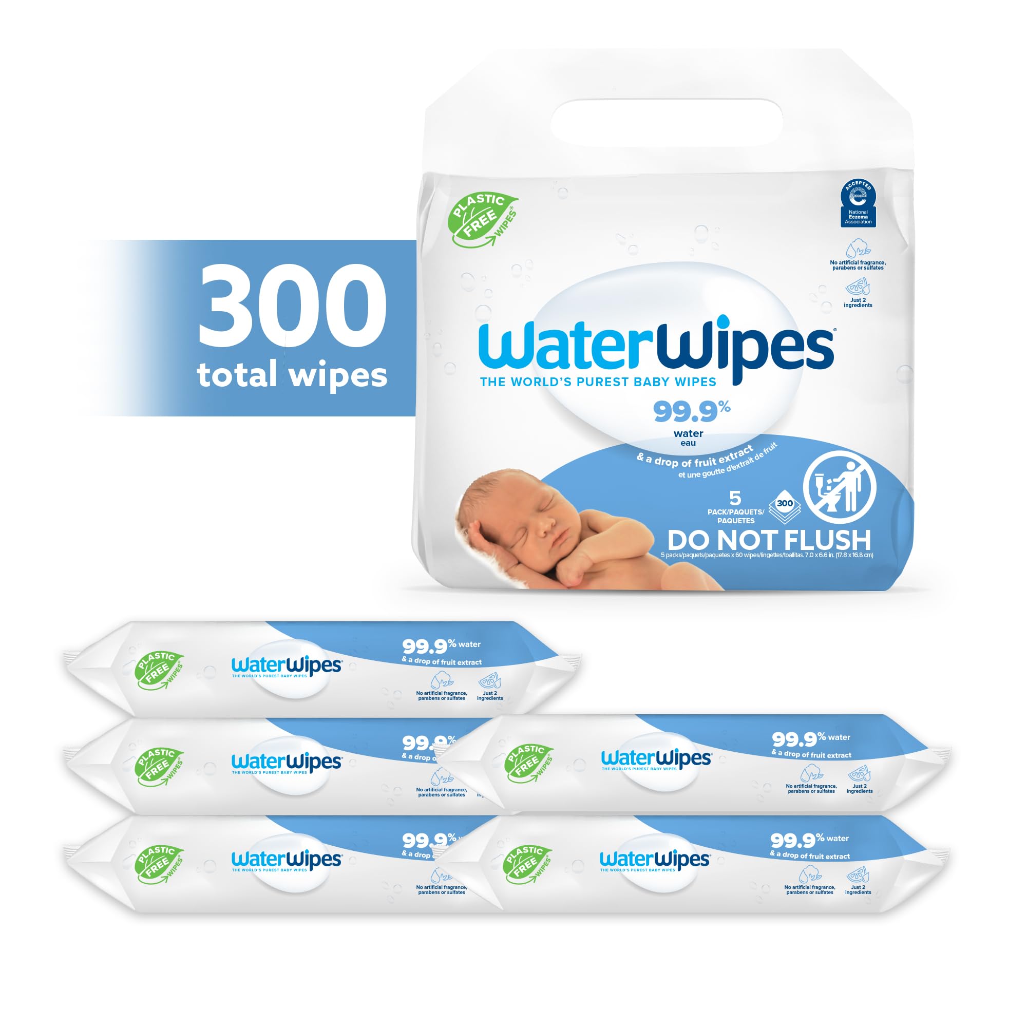 WaterWipes Plastic-Free Original Baby Wipes, 99.9% Water Based Wipes, Unscented & Hypoallergenic for Sensitive Skin, 300 Count (5 packs)