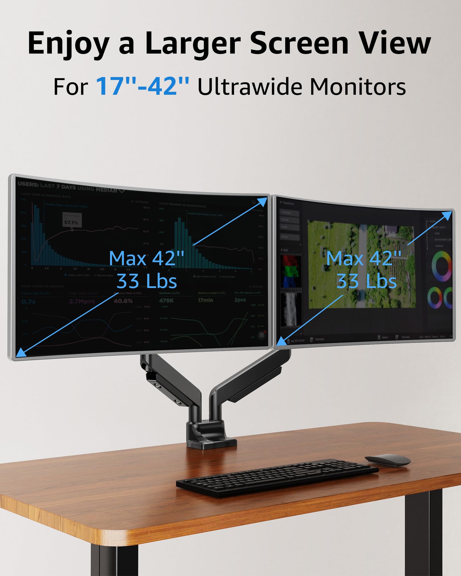 MOUNTUP Dual Monitor Mount fits 17''-42'' Ultrawide Screen, Holds 6.6-33lbs, Dual Monitor Arm Desk Mount, Heavy Duty Gas Spring Monitor Stand for 2 Monitors, Vesa Mount with Clamp/Grommet Base