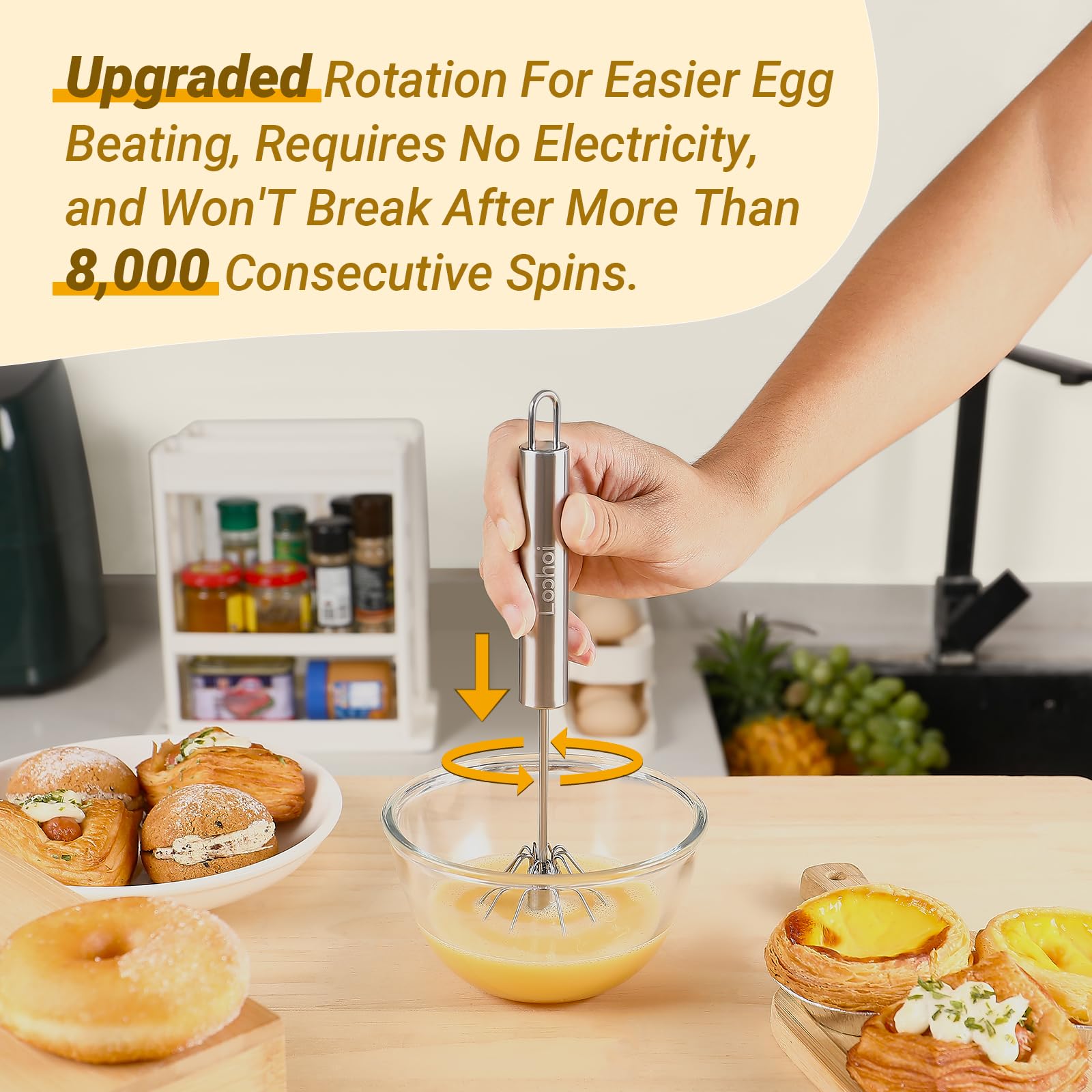 Upgraded Stainless Steel Semi-Automatic Whisk - Easy to Use Whizzy Whisk, Versatile Wisker Tool for Cooking, Kitchen Essential Egg Beater for Baking, Whisking, Beating & Stirring (10in)
