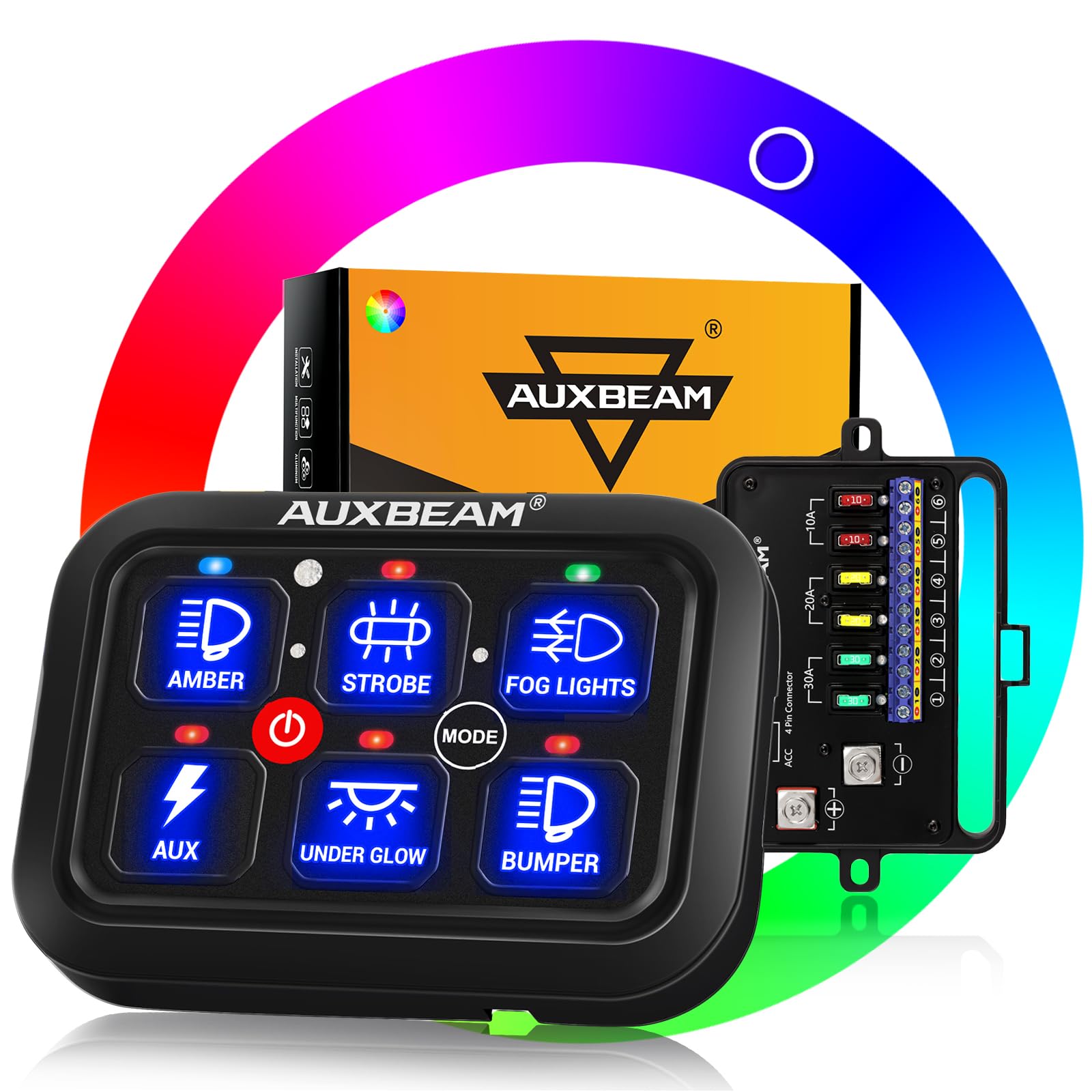 Auxbeam RGB 6 Gang Switch Panel RA60 Auto-Dimmable Switch Panel w/Momentary Toggle Pulsed Memory Function, 12-24V Switch Panel for Truck UTV Car Boat Waterproof, 2-Year Warranty